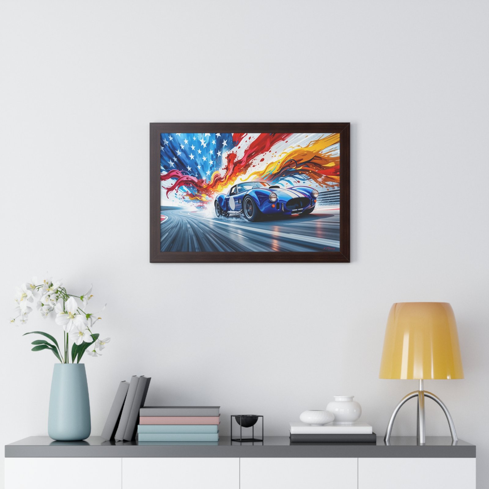 Limited Edition Shelby Cobra Wall Art Framed Print with Vibrant Swirling American Flag Oil Paint Style Background | Collector’s Muscle Car Artwork - Image 14