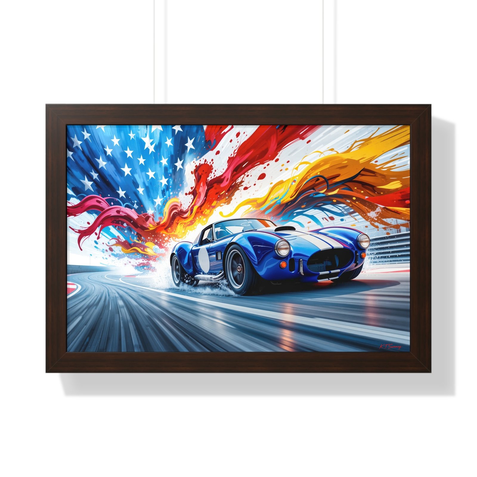 Limited Edition Shelby Cobra Wall Art Framed Print with Vibrant Swirling American Flag Oil Paint Style Background | Collector’s Muscle Car Artwork - Image 13