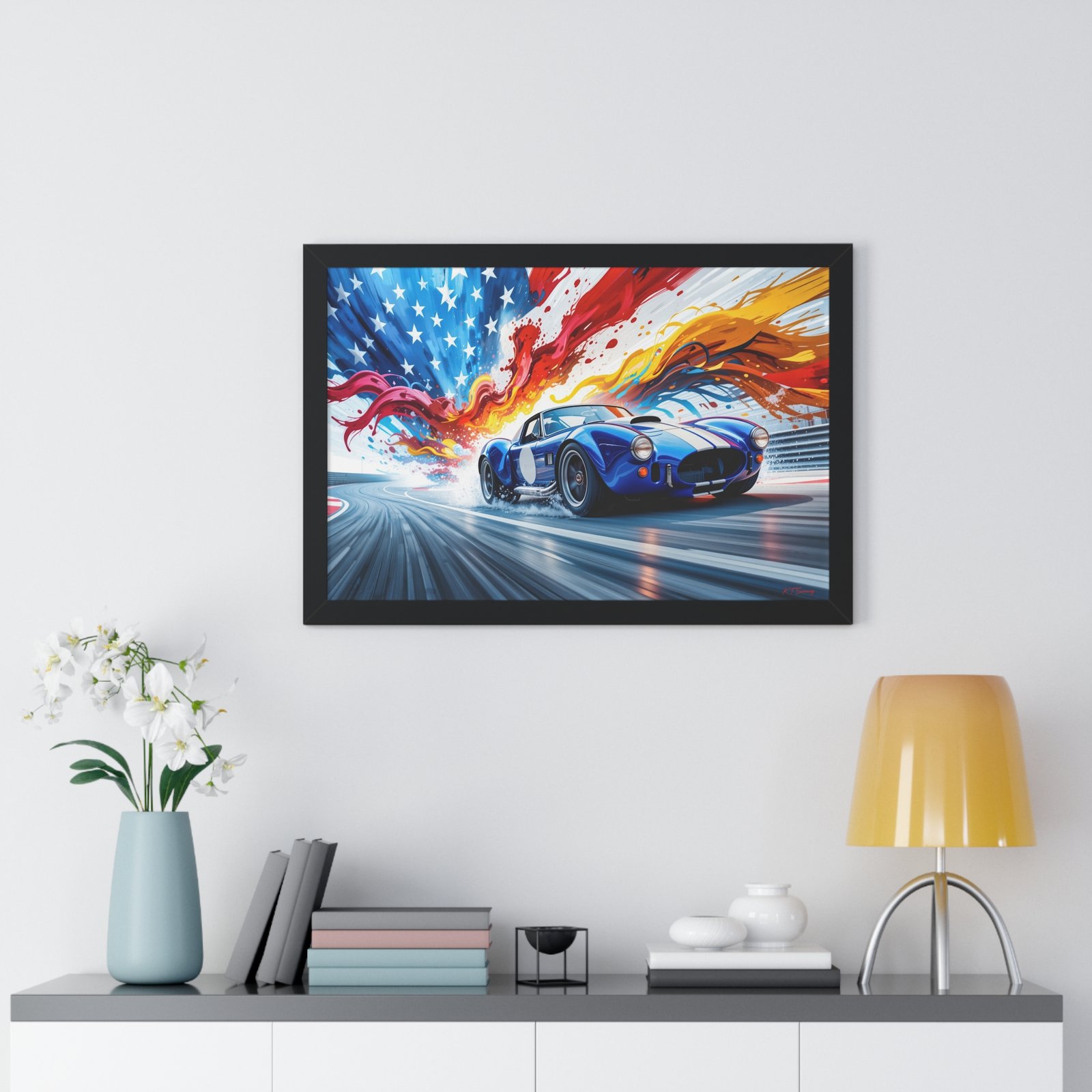 Limited Edition Shelby Cobra Wall Art Framed Print with Vibrant Swirling American Flag Oil Paint Style Background | Collector’s Muscle Car Artwork - Image 8