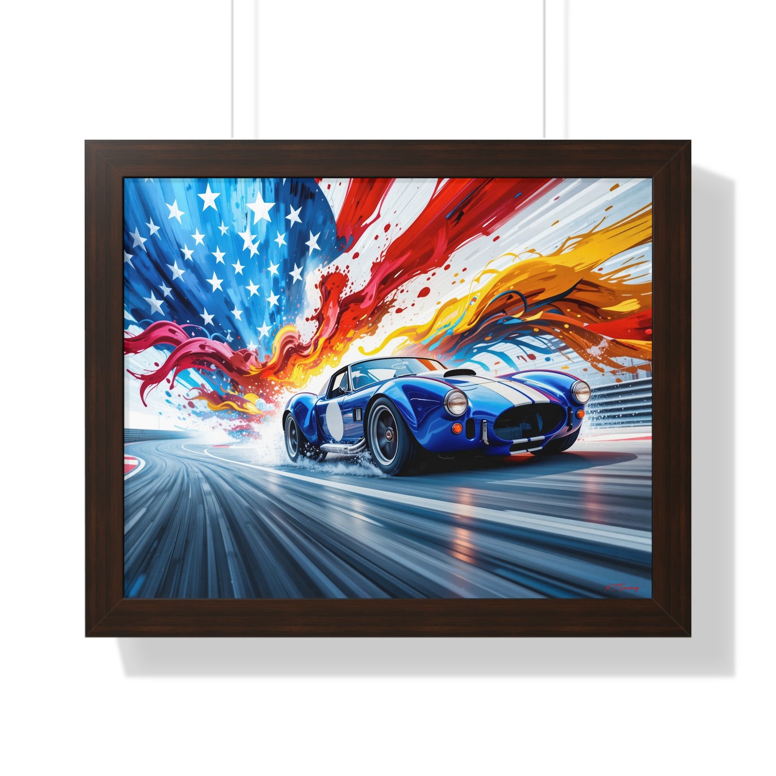 Limited Edition Shelby Cobra Wall Art Framed Print with Vibrant Swirling American Flag Oil Paint Style Background | Collector’s Muscle Car Artwork - Image 10