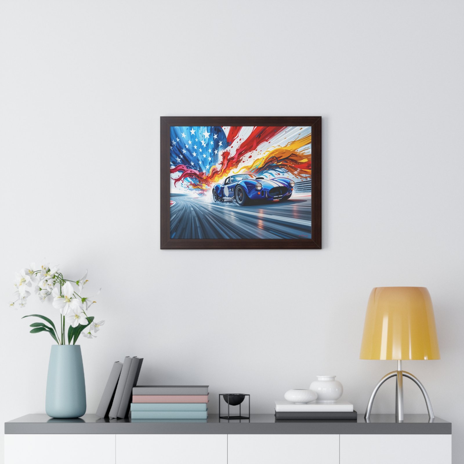 Limited Edition Shelby Cobra Wall Art Framed Print with Vibrant Swirling American Flag Oil Paint Style Background | Collector’s Muscle Car Artwork - Image 11