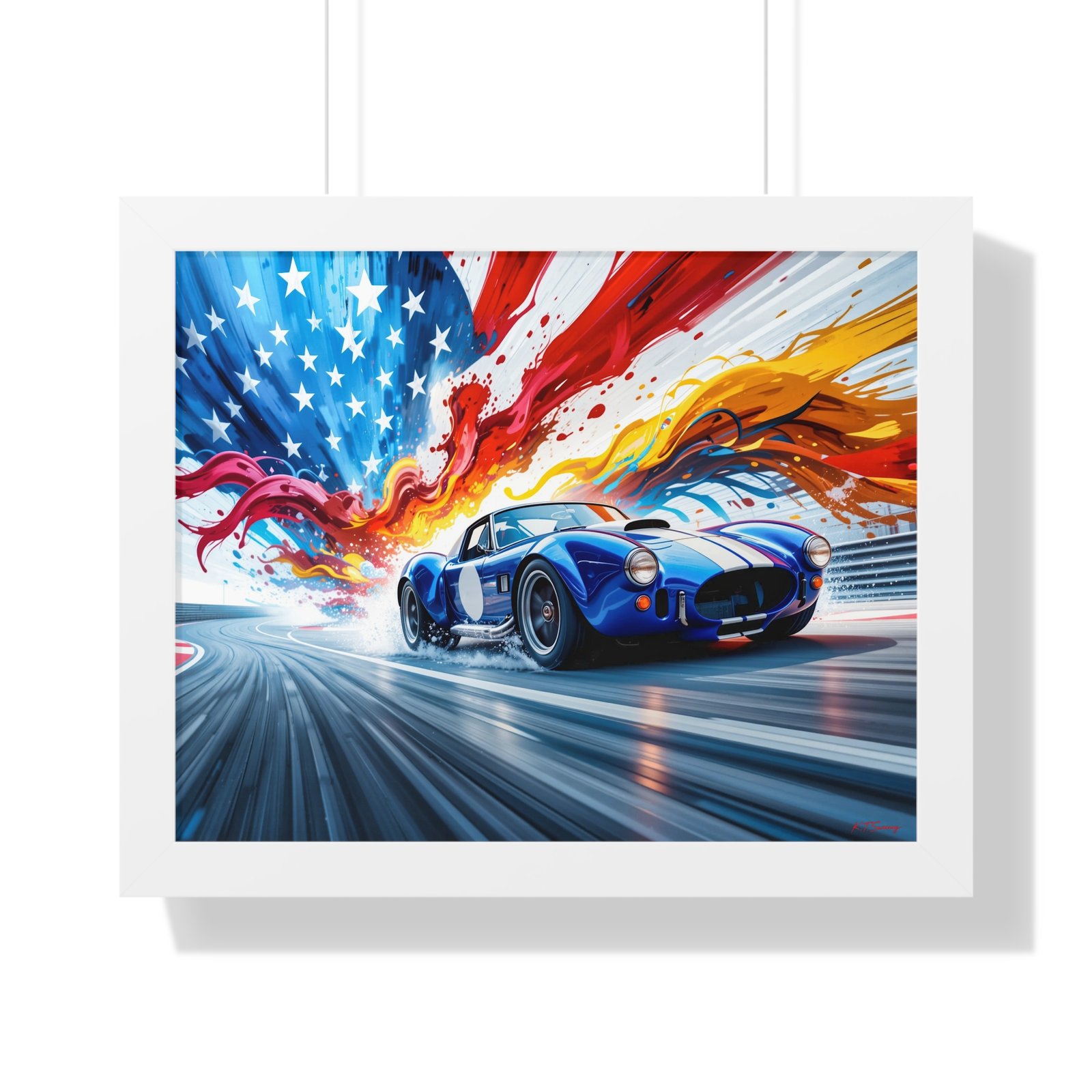 Limited Edition Shelby Cobra Wall Art Framed Print with Vibrant Swirling American Flag Oil Paint Style Background | Collector’s Muscle Car Artwork - Image 19