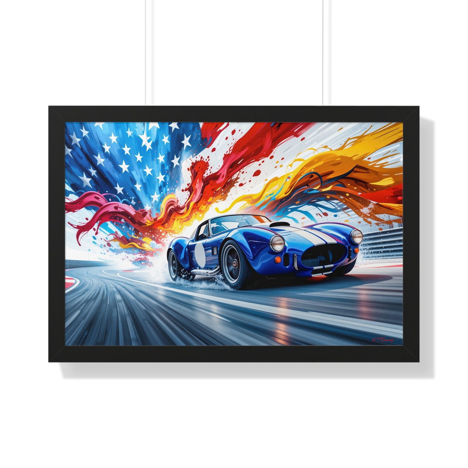 Limited Edition Shelby Cobra Wall Art Framed Print with Vibrant Swirling American Flag Oil Paint Style Background | Collector’s Muscle Car Artwork - Image 7