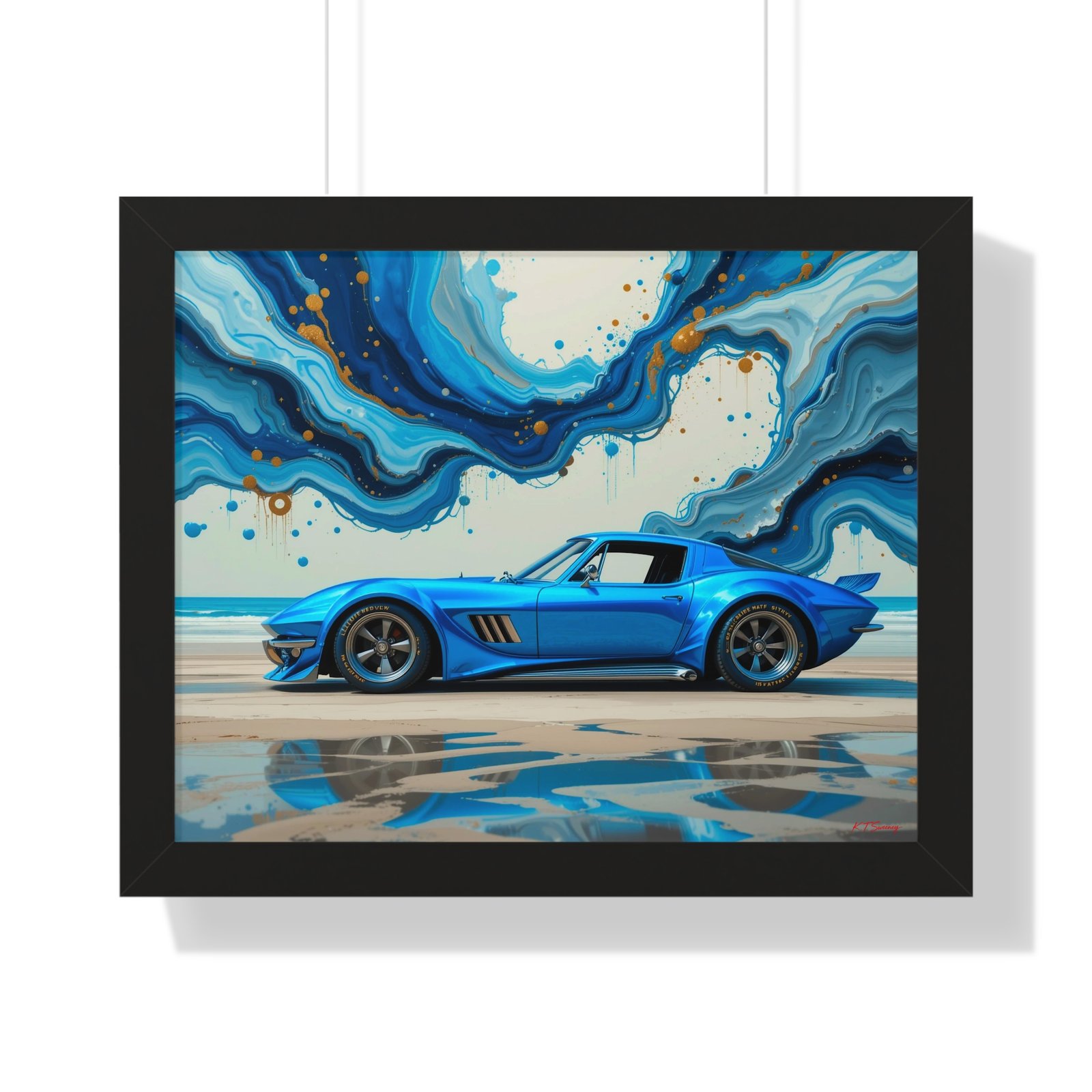 Retro-Futuristic Corvette Wall Art Framed Print with 3D Textured Oil Paint Style Background | Studio Edition Collector’s Artwork