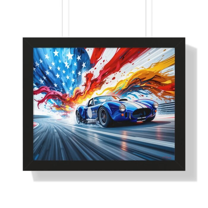 Limited Edition Shelby Cobra Wall Art Framed Print with Vibrant Swirling American Flag Oil Paint Style Background  | Collector’s Muscle Car Artwork