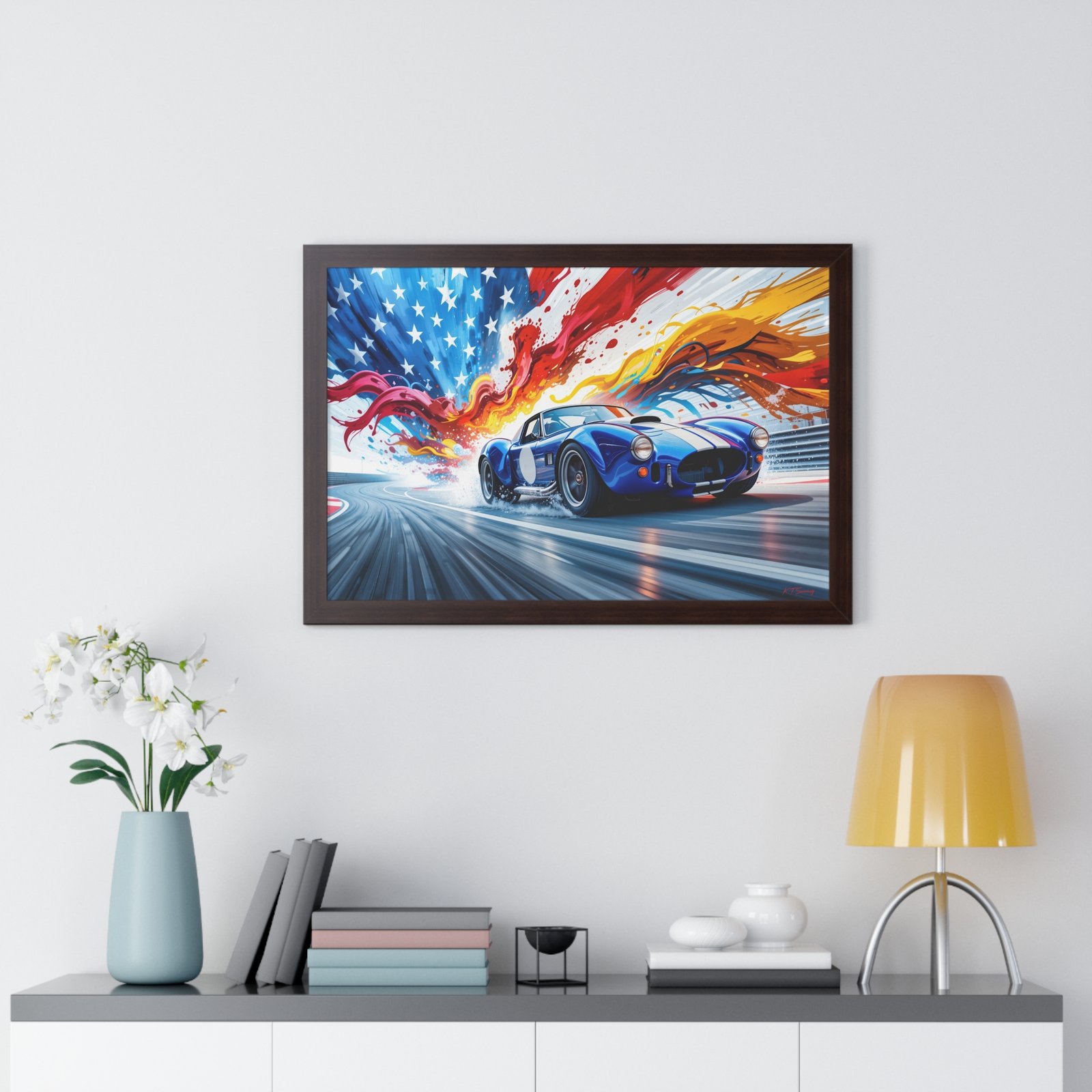 Limited Edition Shelby Cobra Wall Art Framed Print with Vibrant Swirling American Flag Oil Paint Style Background | Collector’s Muscle Car Artwork - Image 17