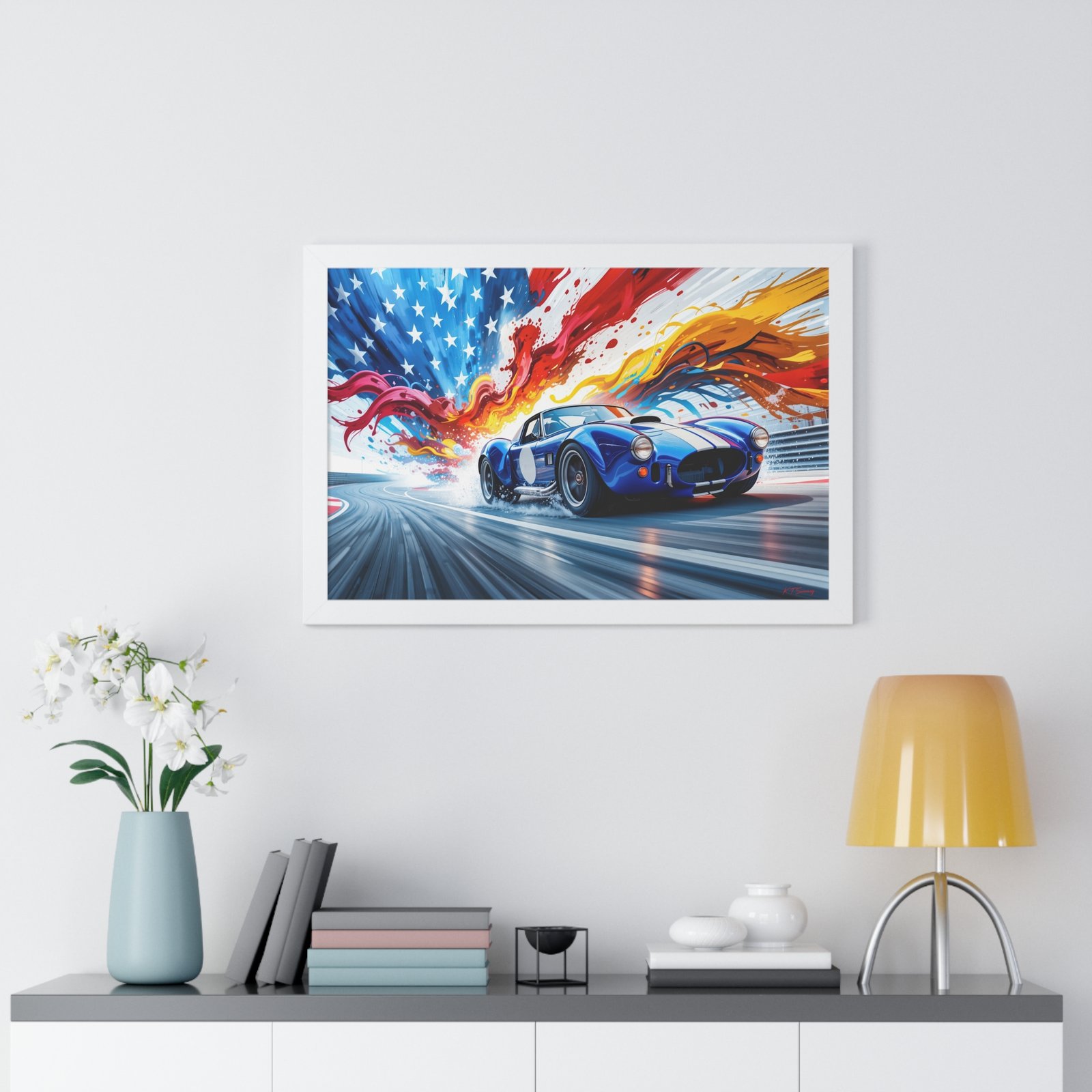 Limited Edition Shelby Cobra Wall Art Framed Print with Vibrant Swirling American Flag Oil Paint Style Background | Collector’s Muscle Car Artwork - Image 26