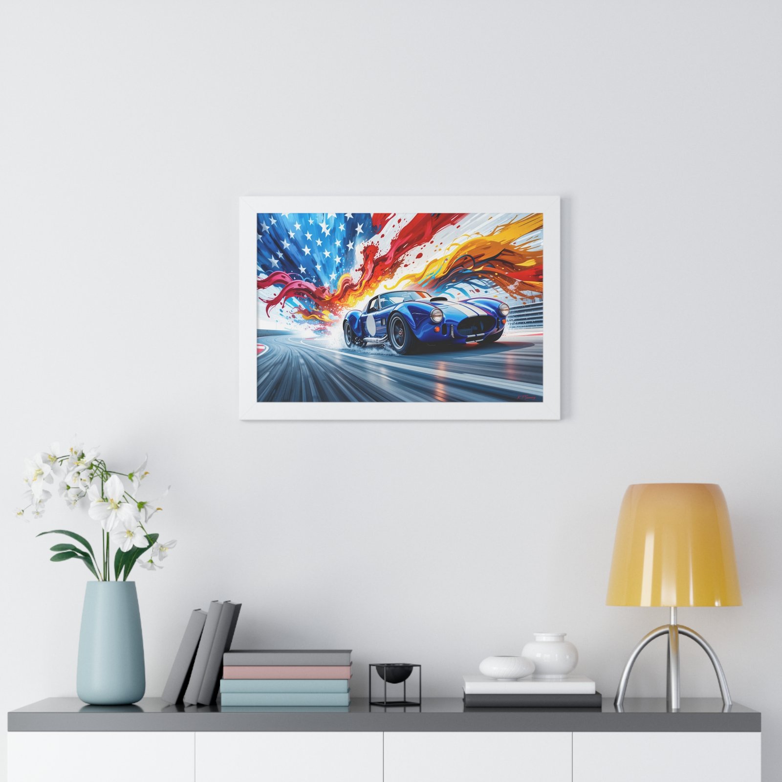 Limited Edition Shelby Cobra Wall Art Framed Print with Vibrant Swirling American Flag Oil Paint Style Background | Collector’s Muscle Car Artwork - Image 23