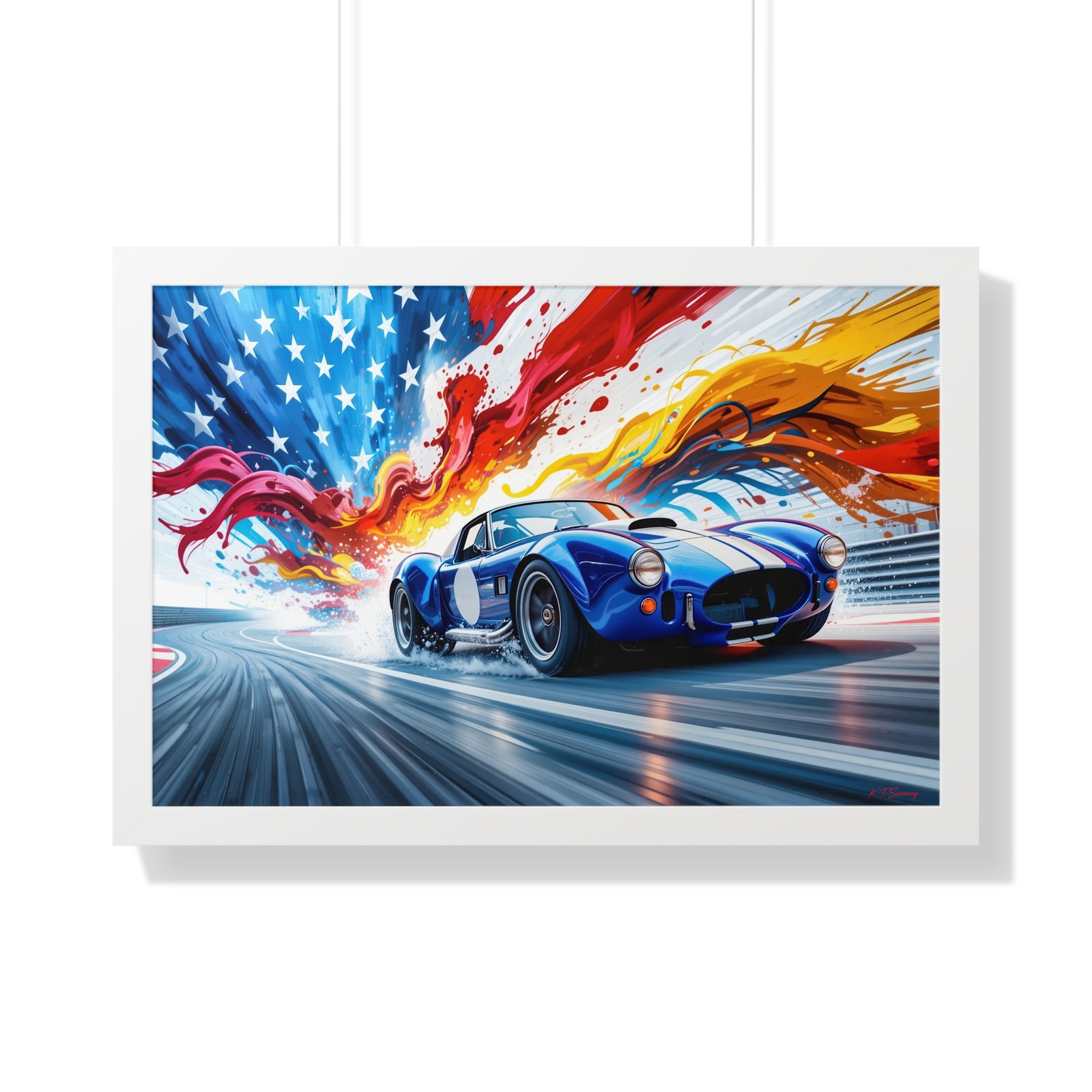 Limited Edition Shelby Cobra Wall Art Framed Print with Vibrant Swirling American Flag Oil Paint Style Background | Collector’s Muscle Car Artwork - Image 25