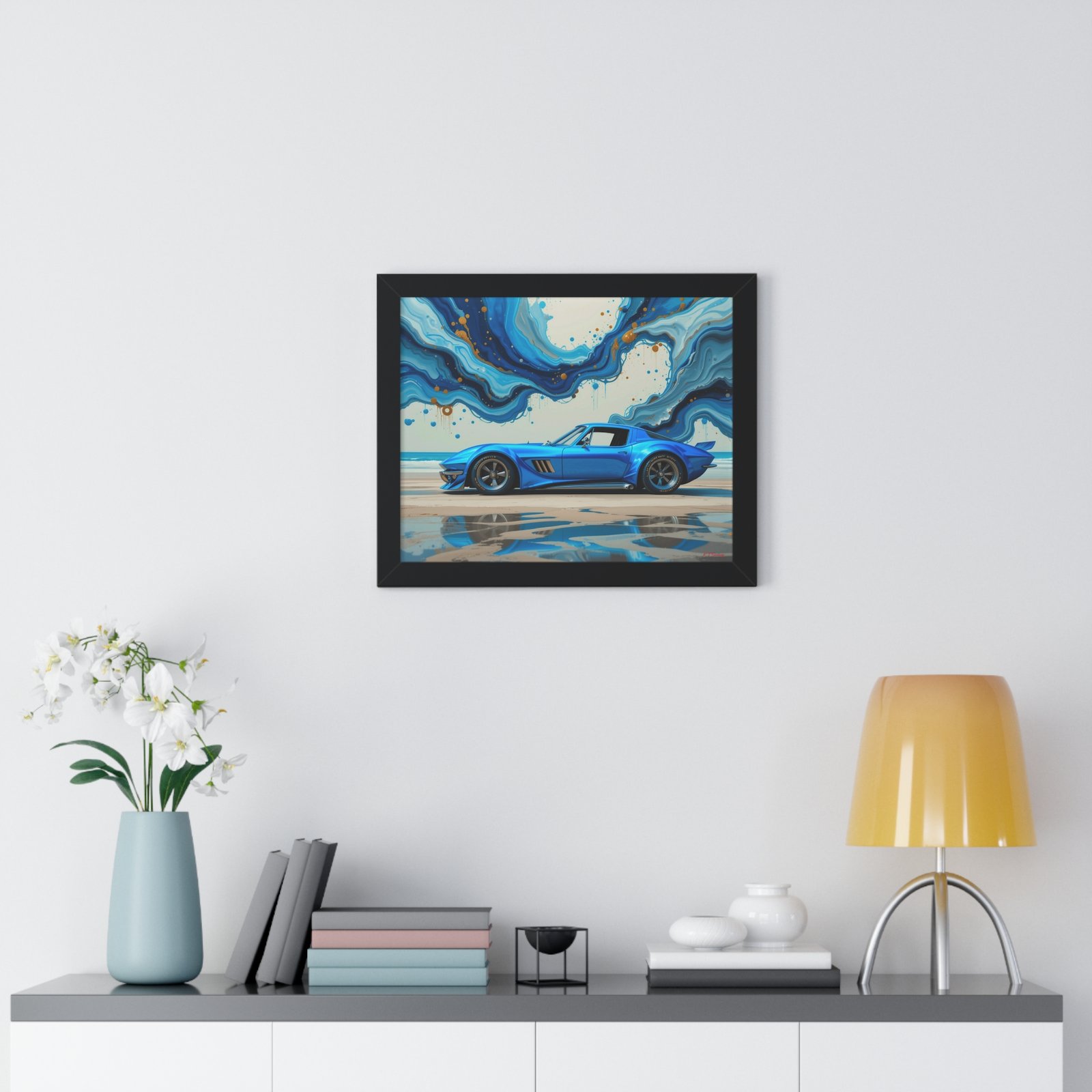 Retro-Futuristic Corvette Wall Art Framed Print with 3D Textured Oil Paint Style Background | Studio Edition Collector’s Artwork - Image 2