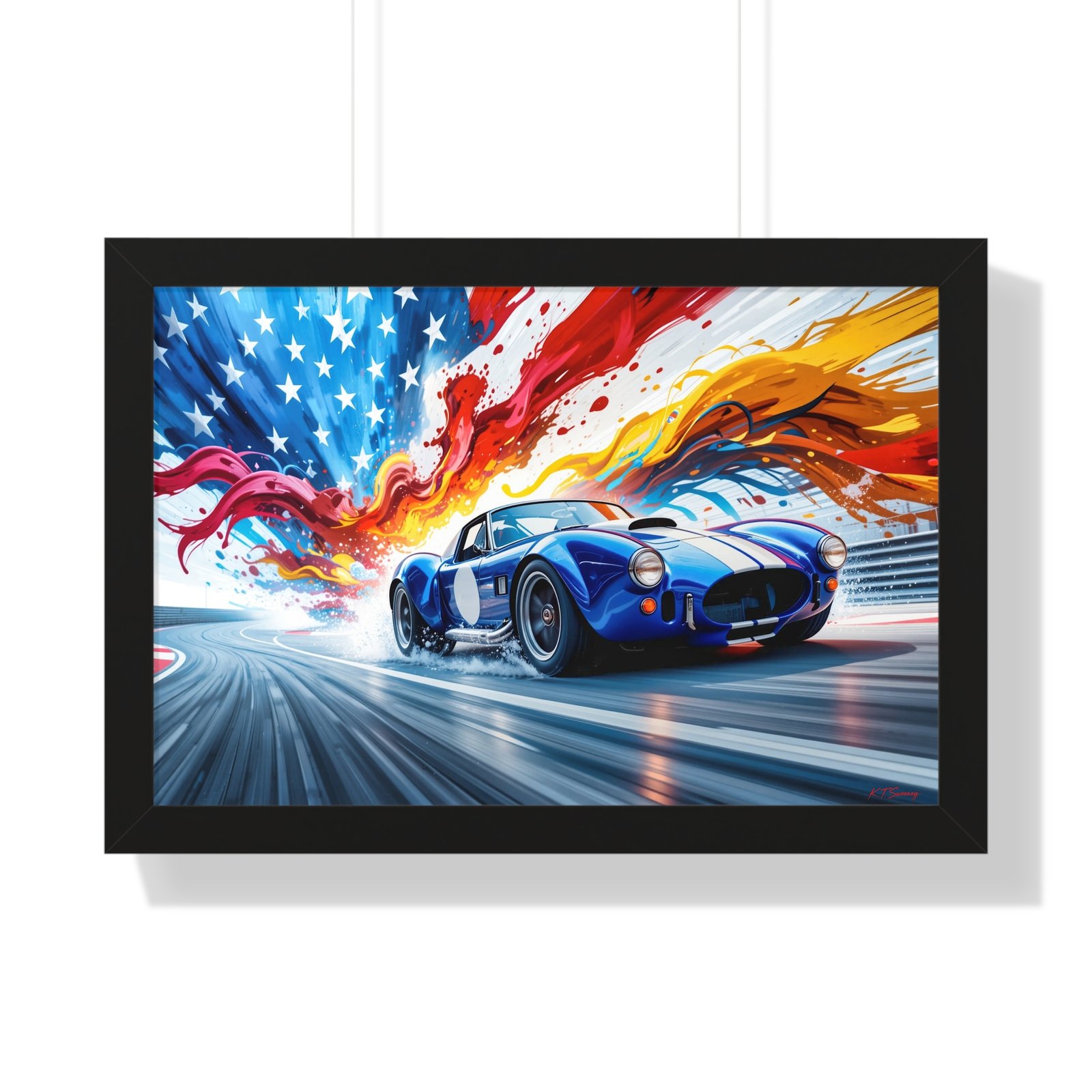 Limited Edition Shelby Cobra Wall Art Framed Print with Vibrant Swirling American Flag Oil Paint Style Background | Collector’s Muscle Car Artwork - Image 4