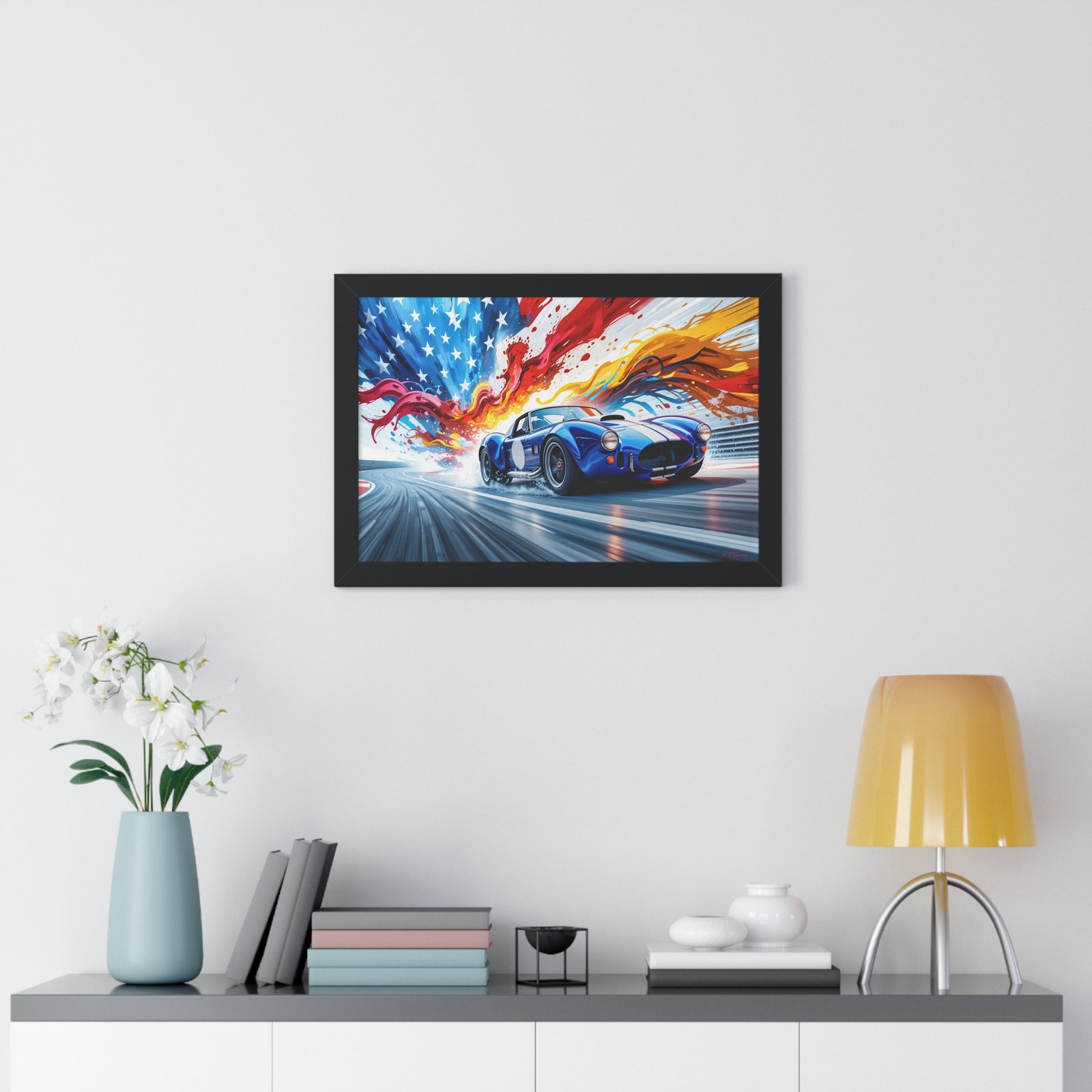 Limited Edition Shelby Cobra Wall Art Framed Print with Vibrant Swirling American Flag Oil Paint Style Background | Collector’s Muscle Car Artwork - Image 5