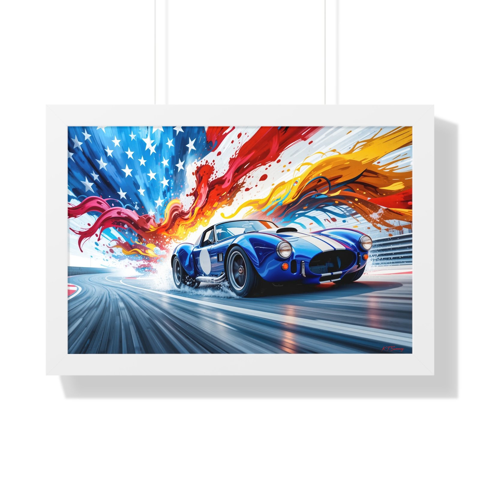 Limited Edition Shelby Cobra Wall Art Framed Print with Vibrant Swirling American Flag Oil Paint Style Background | Collector’s Muscle Car Artwork - Image 22