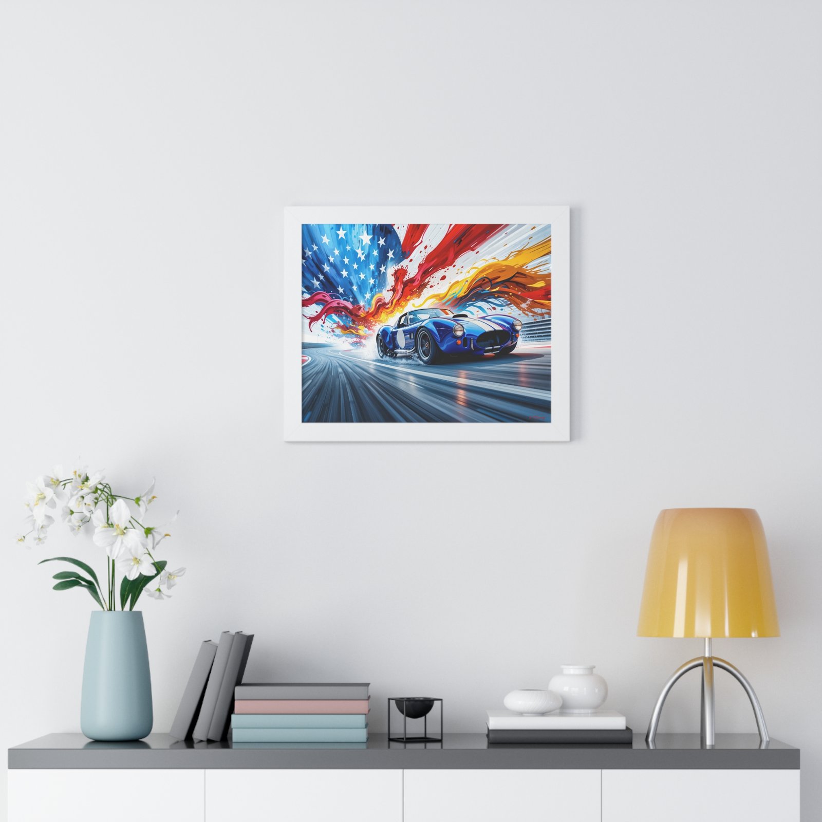 Limited Edition Shelby Cobra Wall Art Framed Print with Vibrant Swirling American Flag Oil Paint Style Background | Collector’s Muscle Car Artwork - Image 20