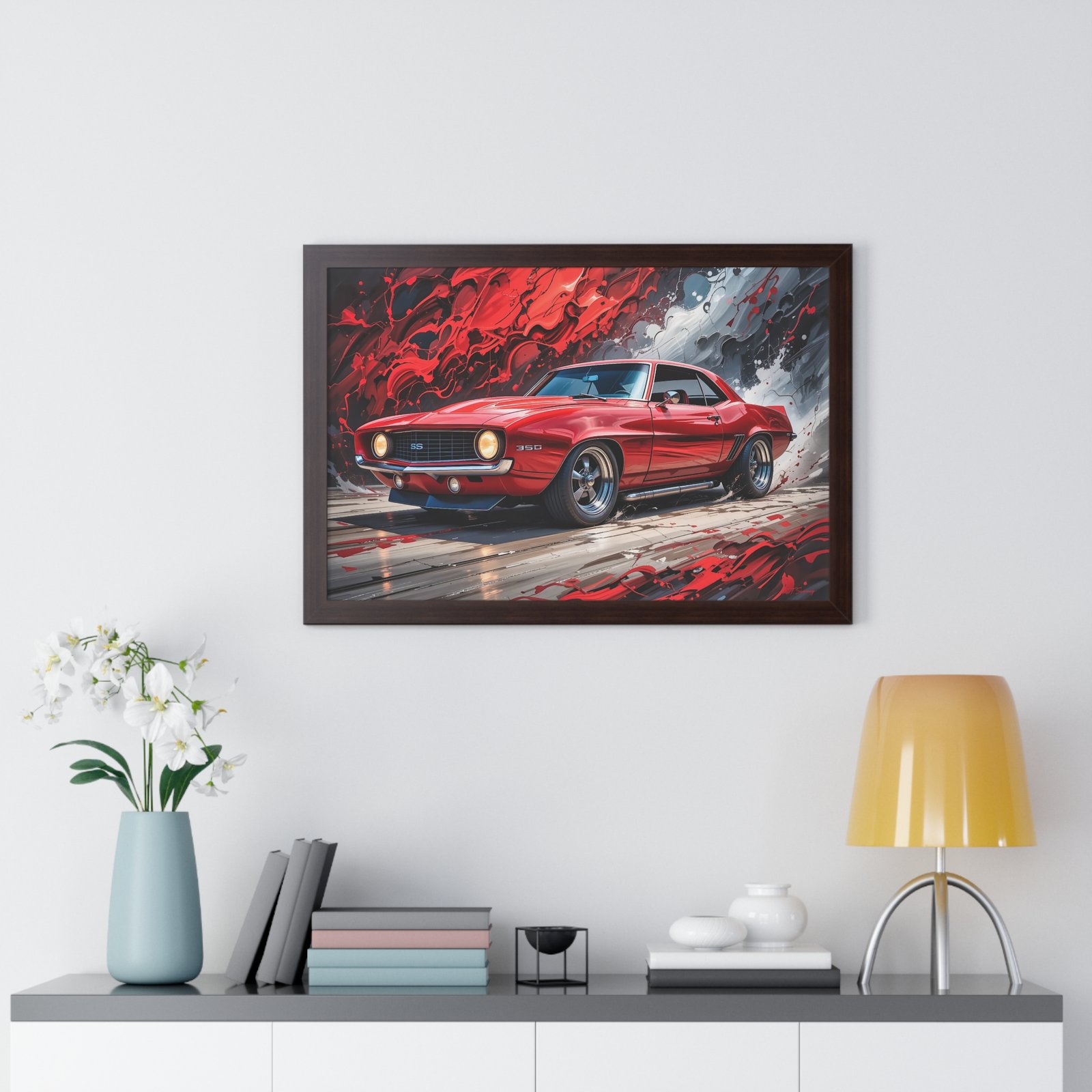 1969 Red Camaro SS Hot Rod Wall Art Framed Print with Textured Oil Paint Style Background | Studio Edition Collector’s Artwork - Image 17