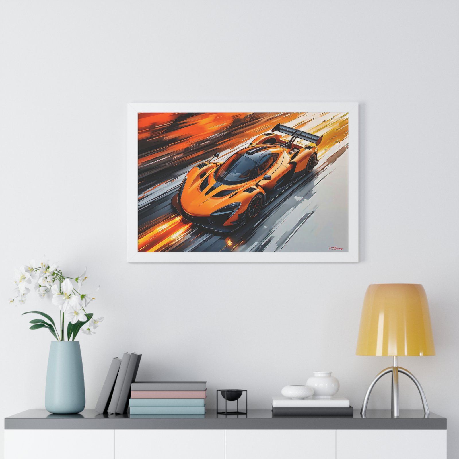 Limited Edition McLaren Inspired Supercar Wall Art Framed Print in Papaya Orange and Black Livery with Watercolor Style Textured Design | Collector’s Motorsport Artwork - Image 26