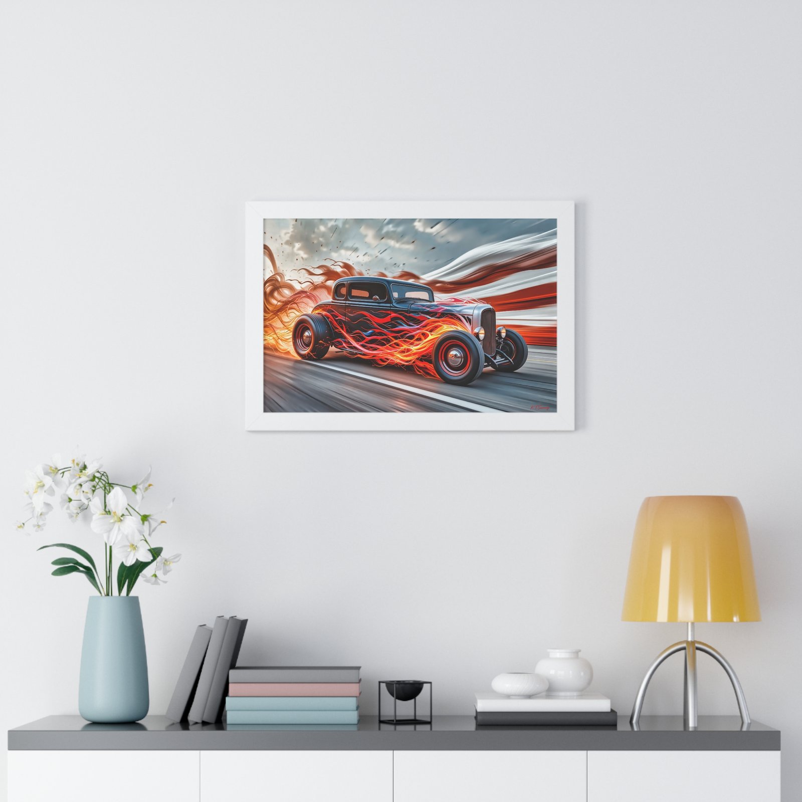 Limited Edition Hot Rod Wall Art Framed Print with Flames with American Flag - Image 23