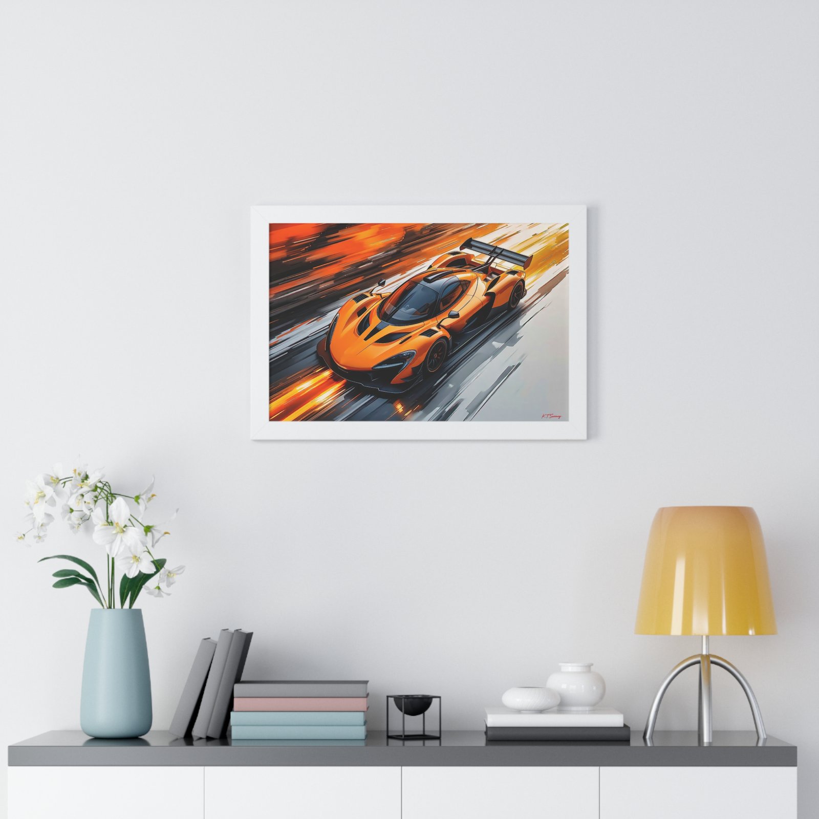 Limited Edition McLaren Inspired Supercar Wall Art Framed Print in Papaya Orange and Black Livery with Watercolor Style Textured Design | Collector’s Motorsport Artwork - Image 23