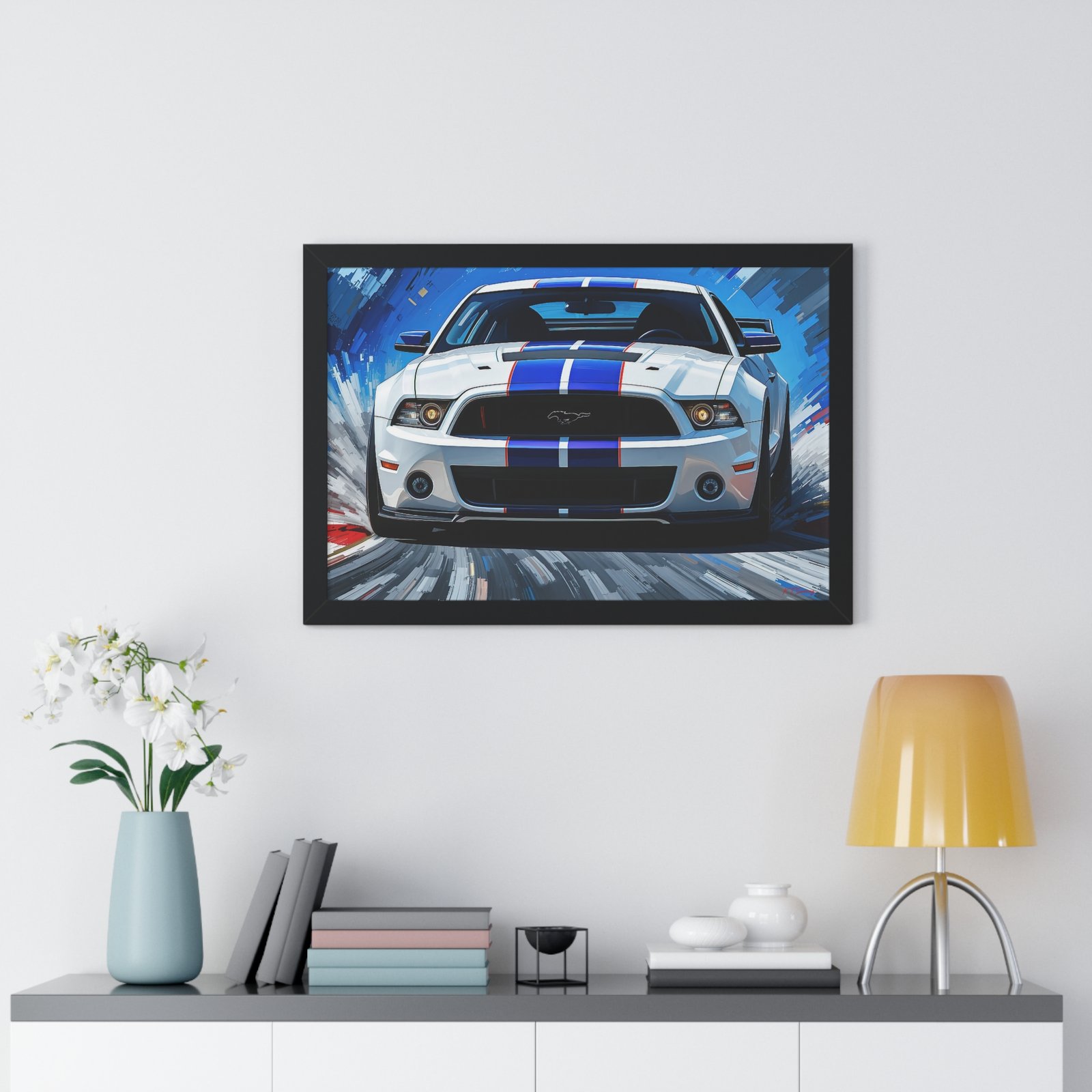 Limited Edition Mustang GT Classic Wall Art Framed Print in White with Blue Stripes Watercolor Background | Collector’s Muscle Car Artwork - Image 8