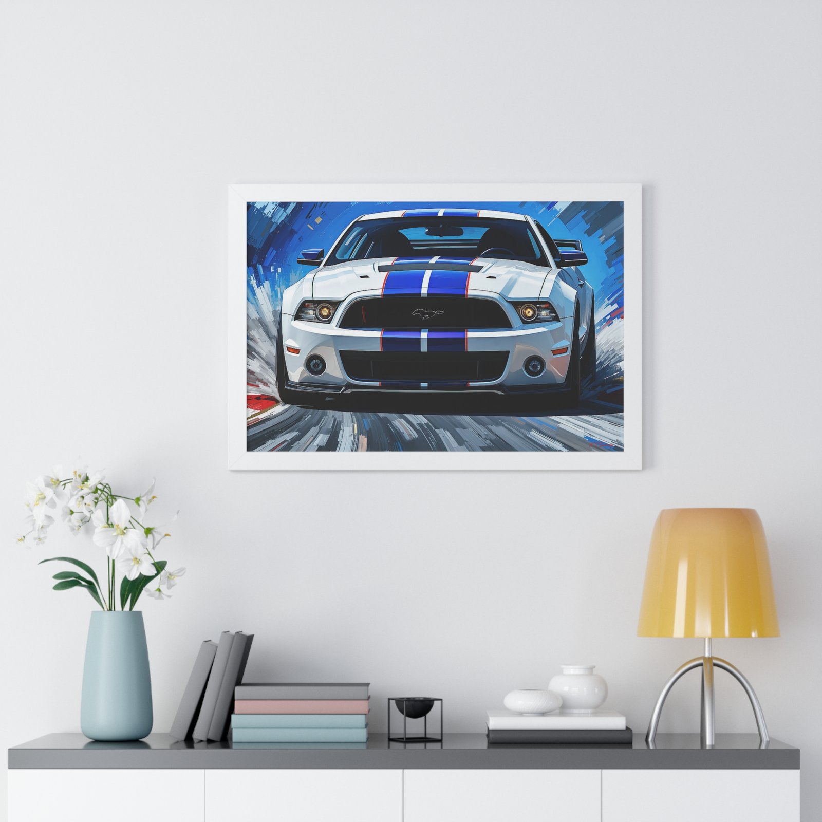 Limited Edition Mustang GT Classic Wall Art Framed Print in White with Blue Stripes Watercolor Background | Collector’s Muscle Car Artwork - Image 26