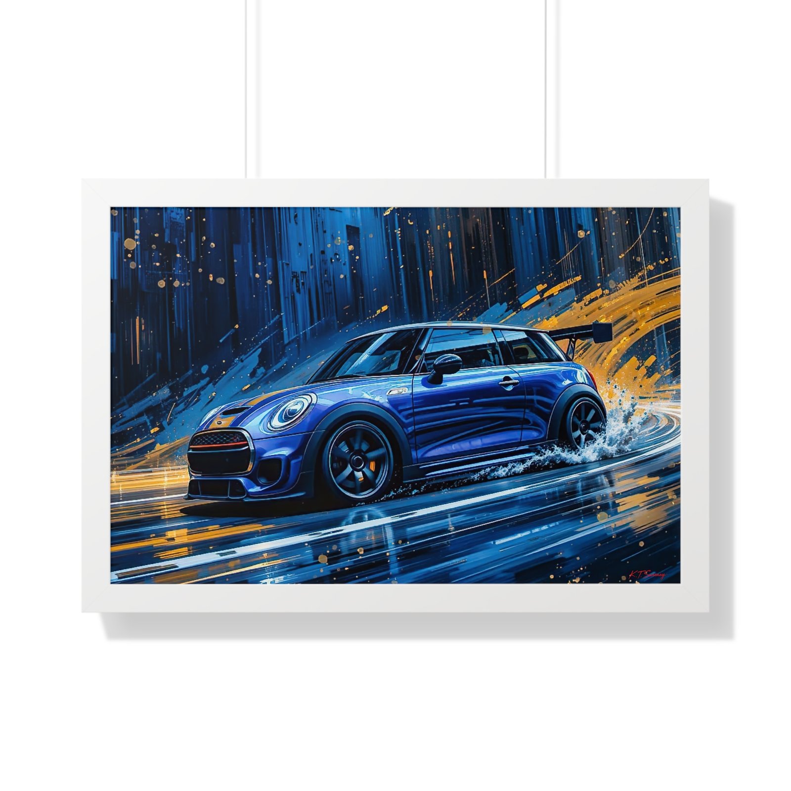 Blue Mini Cooper S Wall Art Framed Print with Dynamic Dramatic Background | Studio Edition Collector’s Artwork - Image 25