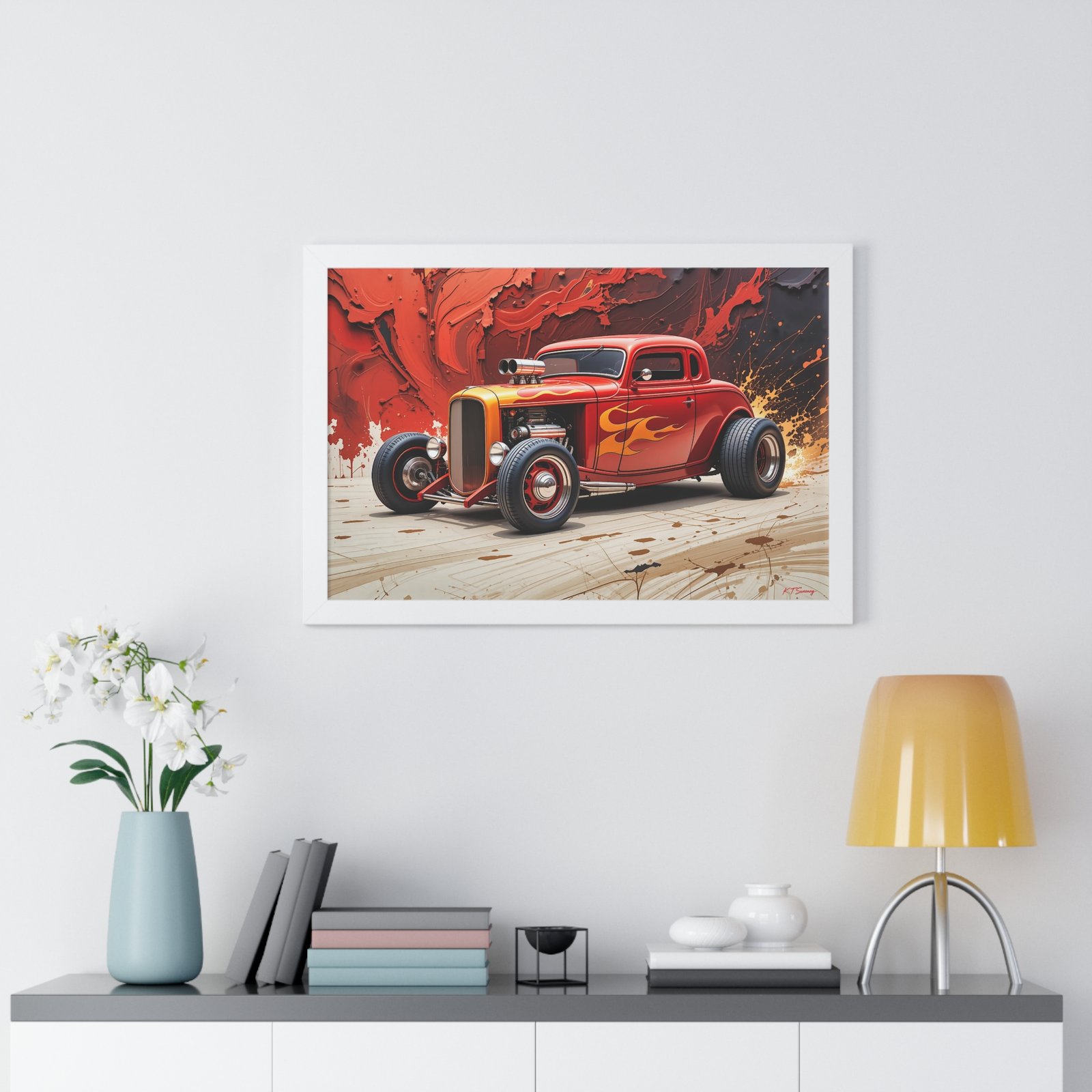 Limited Collector’s Edition 1932 Deuce Coupe Hot Rod in Red with Yellow Flames Wall Art Framed Print | Classic Hot Rod Artwork - Image 26