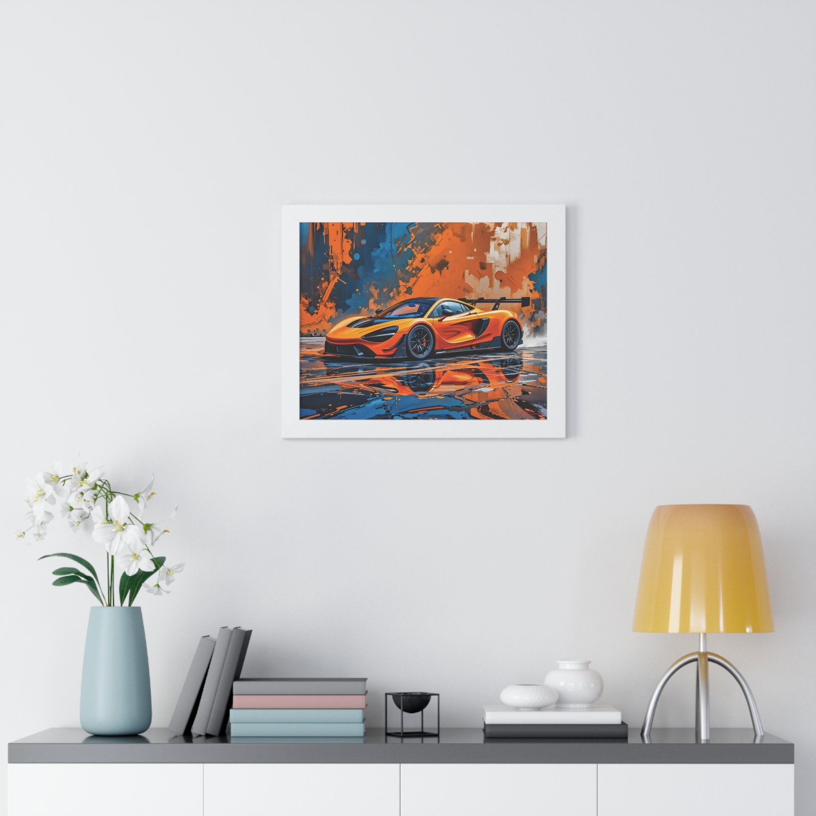 Limited Edition McLaren Supercar Wall Art Framed Print in Papaya Orange and Black Livery with Watercolor Style Textured Design | Collector’s Motorsport Artwork - Image 20
