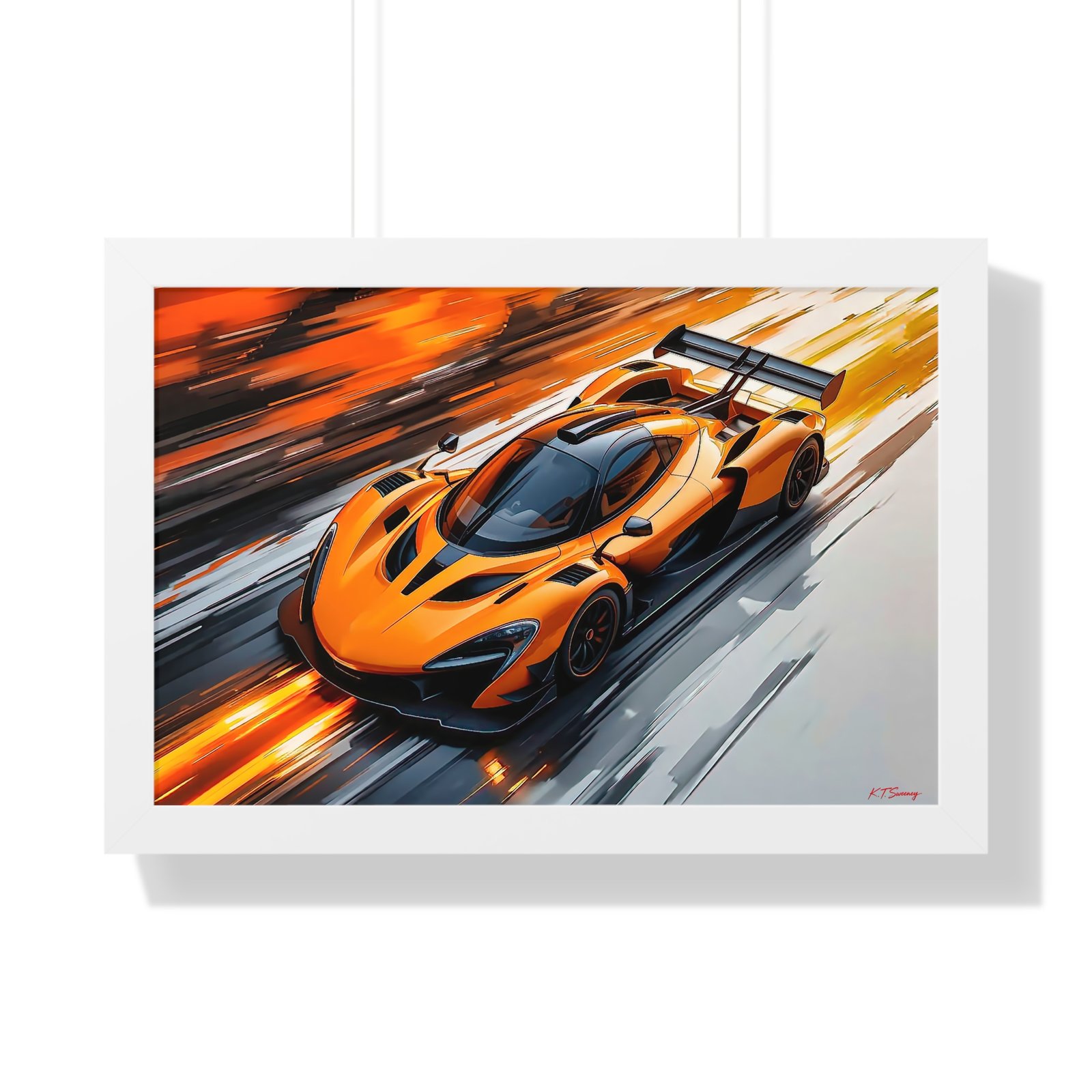 Limited Edition McLaren Inspired Supercar Wall Art Framed Print in Papaya Orange and Black Livery with Watercolor Style Textured Design | Collector’s Motorsport Artwork - Image 22