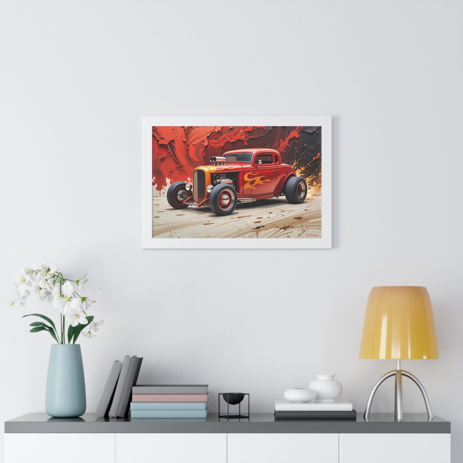 Limited Collector’s Edition 1932 Deuce Coupe Hot Rod in Red with Yellow Flames Wall Art Framed Print | Classic Hot Rod Artwork - Image 23
