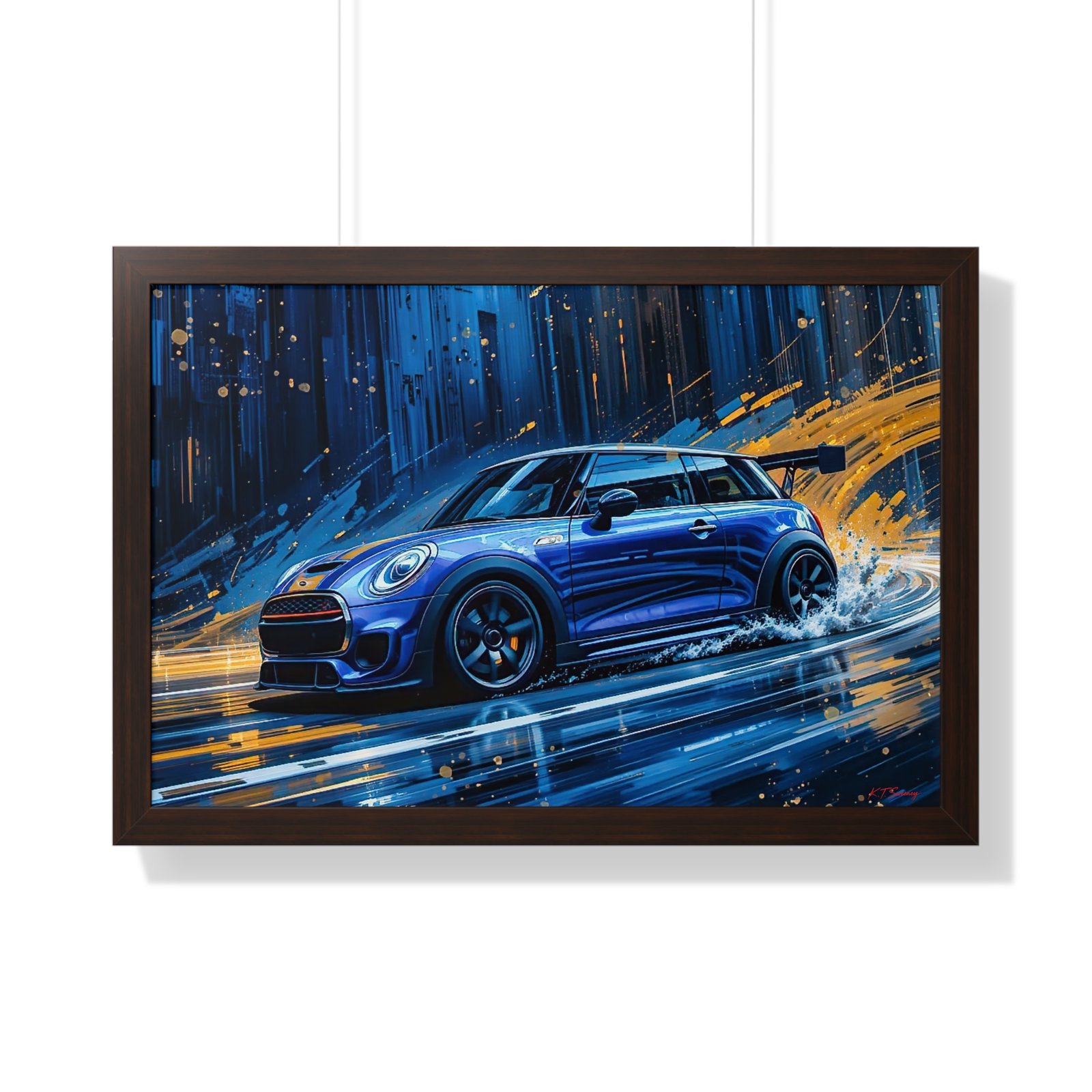 Blue Mini Cooper S Wall Art Framed Print with Dynamic Dramatic Background | Studio Edition Collector’s Artwork - Image 16