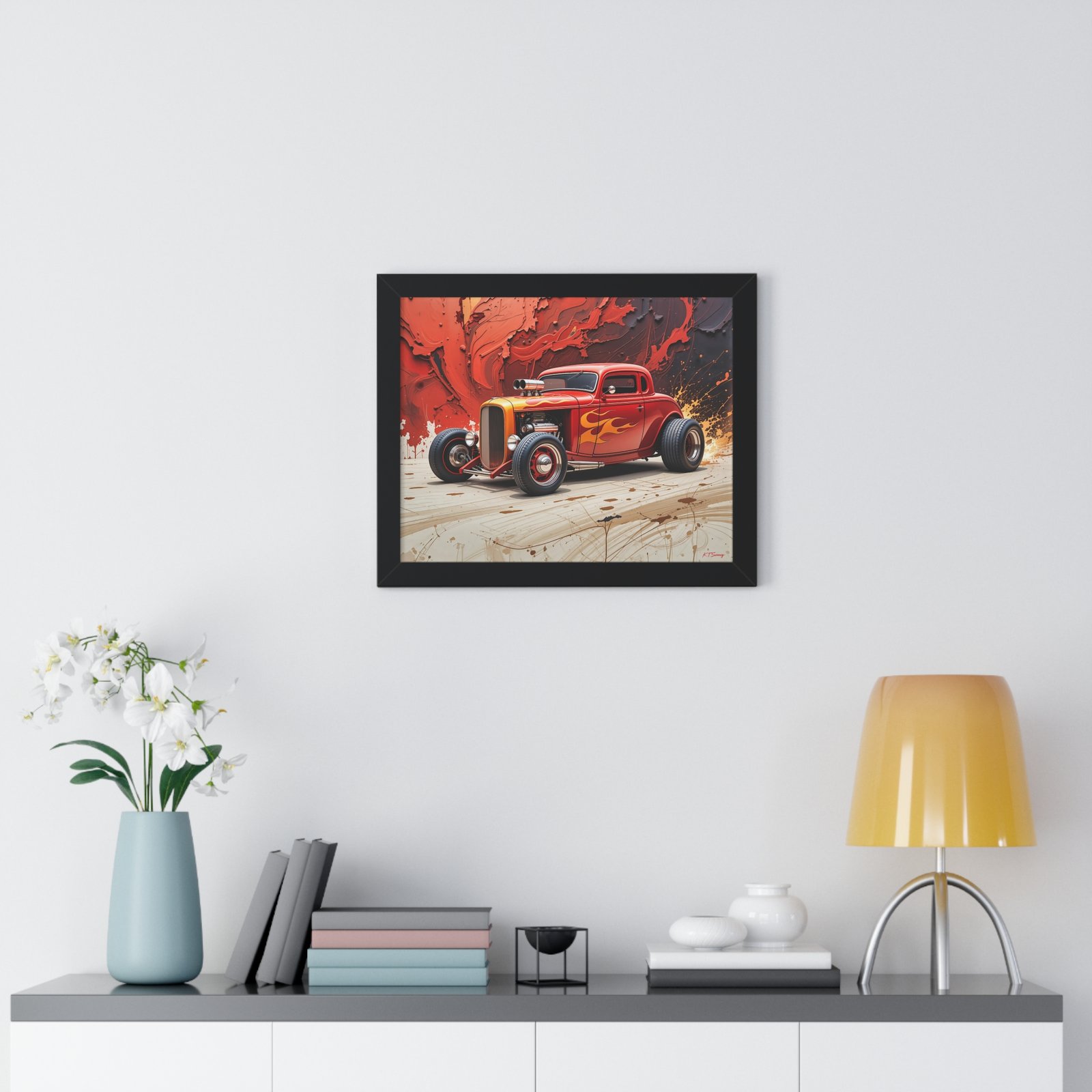 Limited Collector’s Edition 1932 Deuce Coupe Hot Rod in Red with Yellow Flames Wall Art Framed Print | Classic Hot Rod Artwork - Image 2