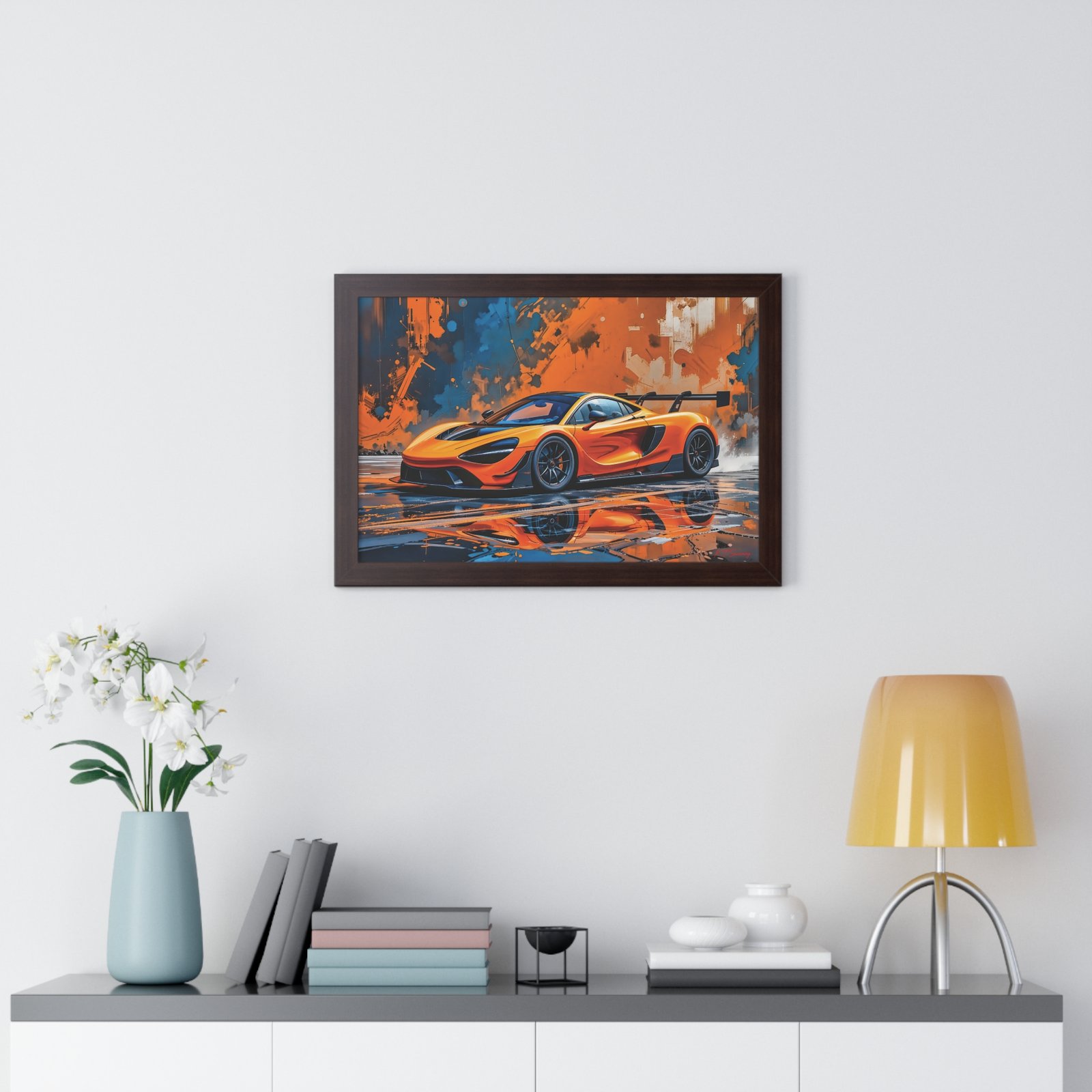 Limited Edition McLaren Supercar Wall Art Framed Print in Papaya Orange and Black Livery with Watercolor Style Textured Design | Collector’s Motorsport Artwork - Image 14