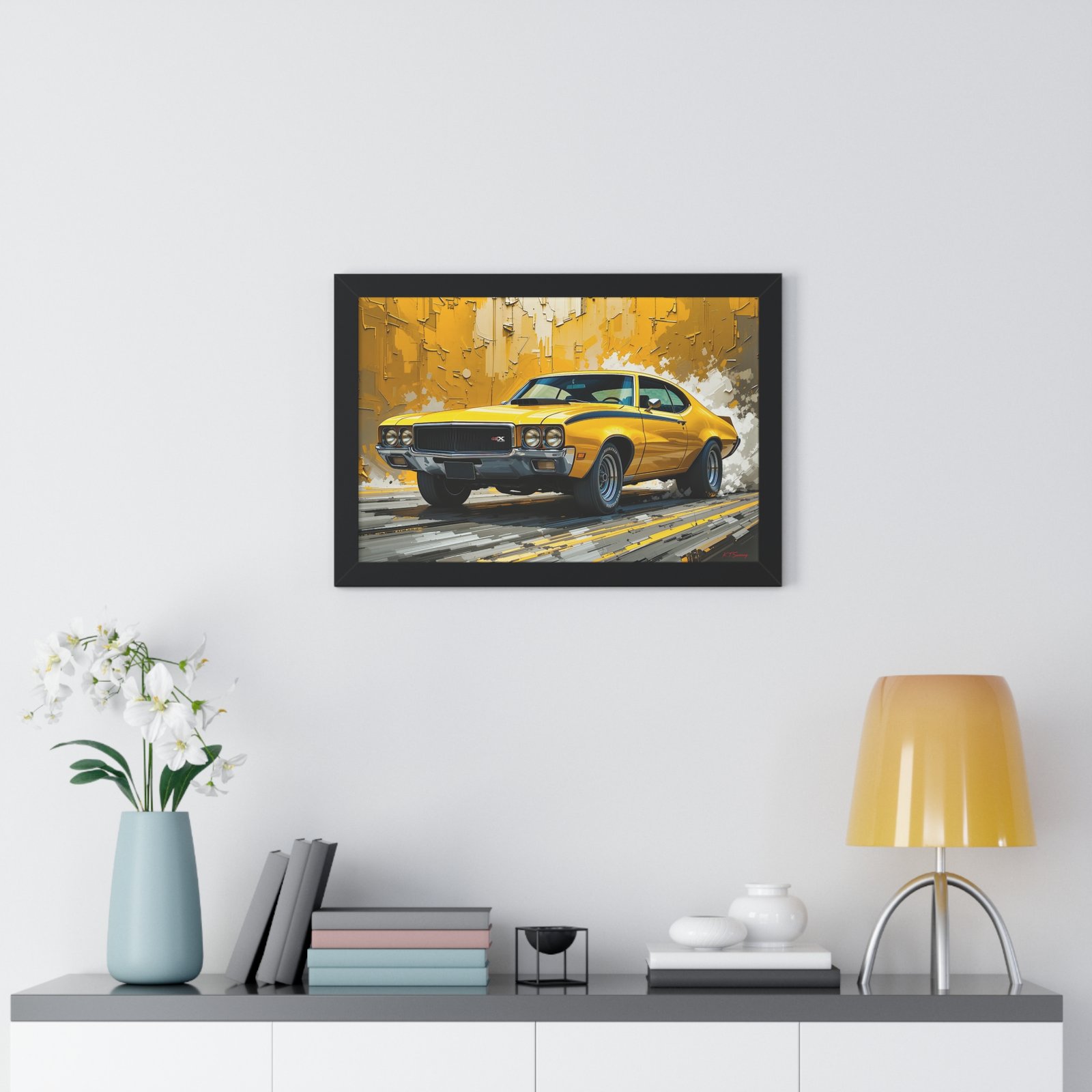 1970 Yellow Buick GSX Hot Rod Wall Art Framed Print with Textured Oil Paint Style Design | Studio Edition Collector’s Artwork - Image 5