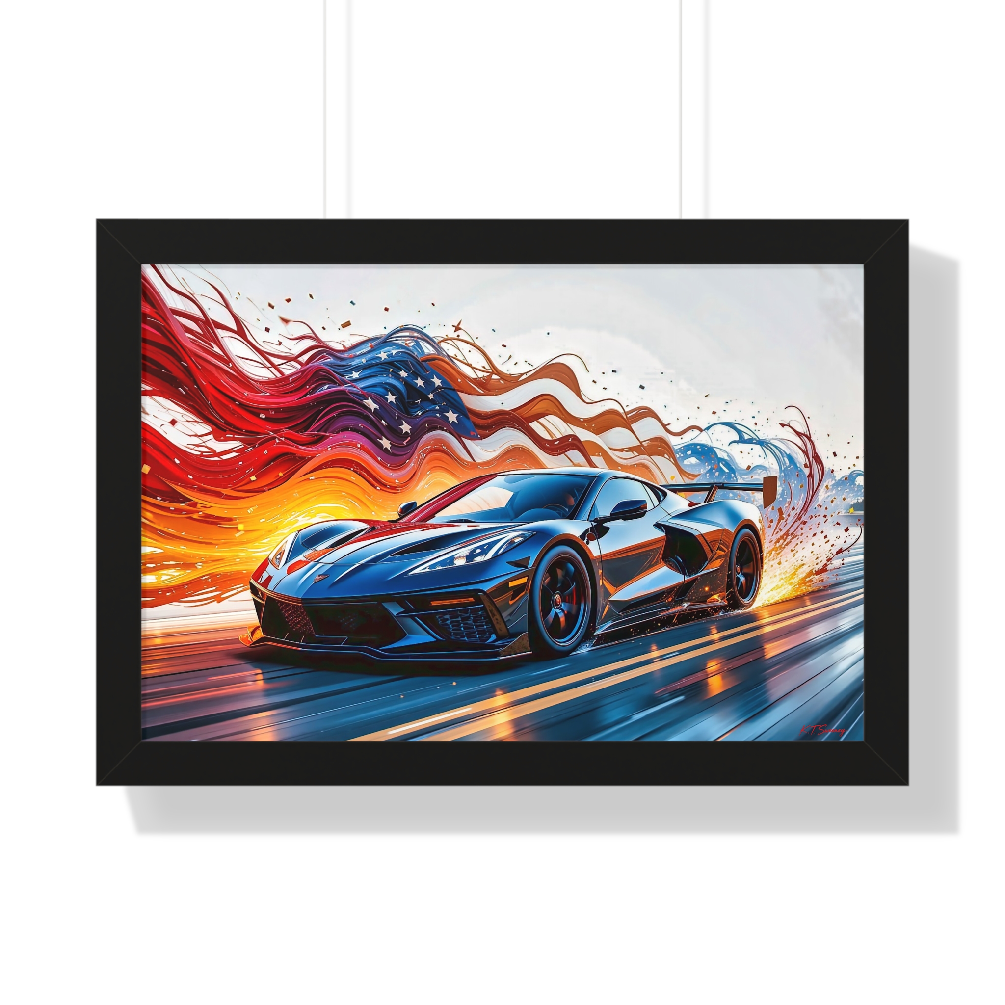 Exclusive Edition C8 Corvette with American Flag Wall Art Framed Print | Collector’s Corvette Artwork - Image 7