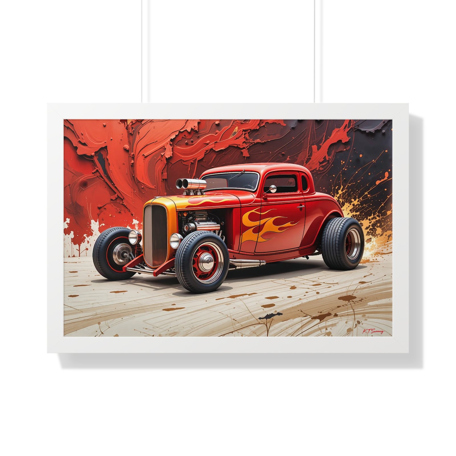Limited Collector’s Edition 1932 Deuce Coupe Hot Rod in Red with Yellow Flames Wall Art Framed Print | Classic Hot Rod Artwork - Image 25