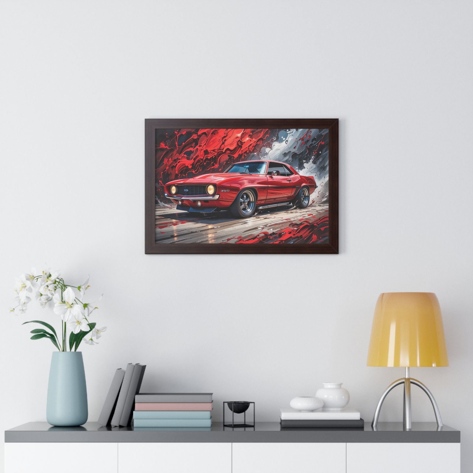 1969 Red Camaro SS Hot Rod Wall Art Framed Print with Textured Oil Paint Style Background | Studio Edition Collector’s Artwork - Image 14