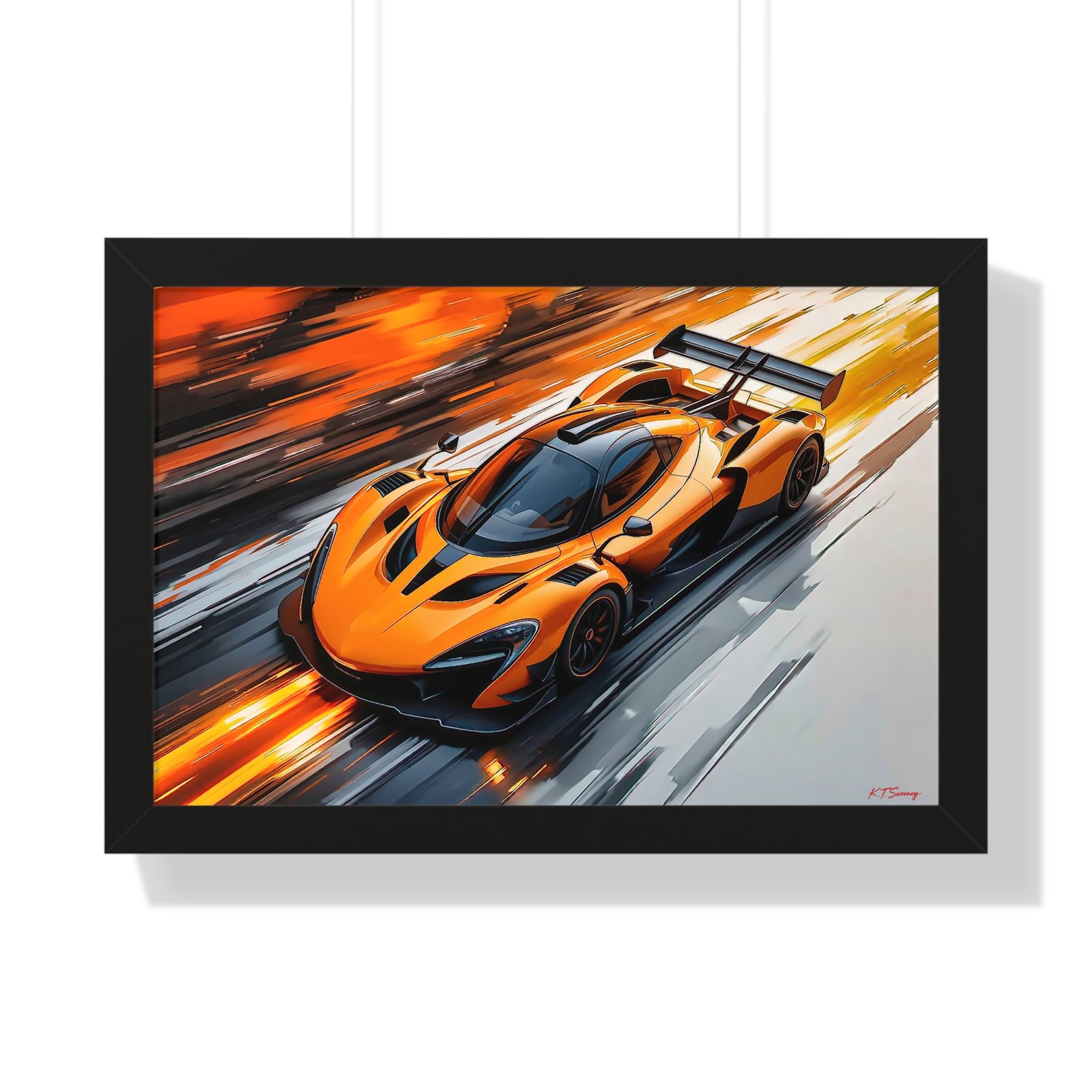 Limited Edition McLaren Inspired Supercar Wall Art Framed Print in Papaya Orange and Black Livery with Watercolor Style Textured Design | Collector’s Motorsport Artwork - Image 4