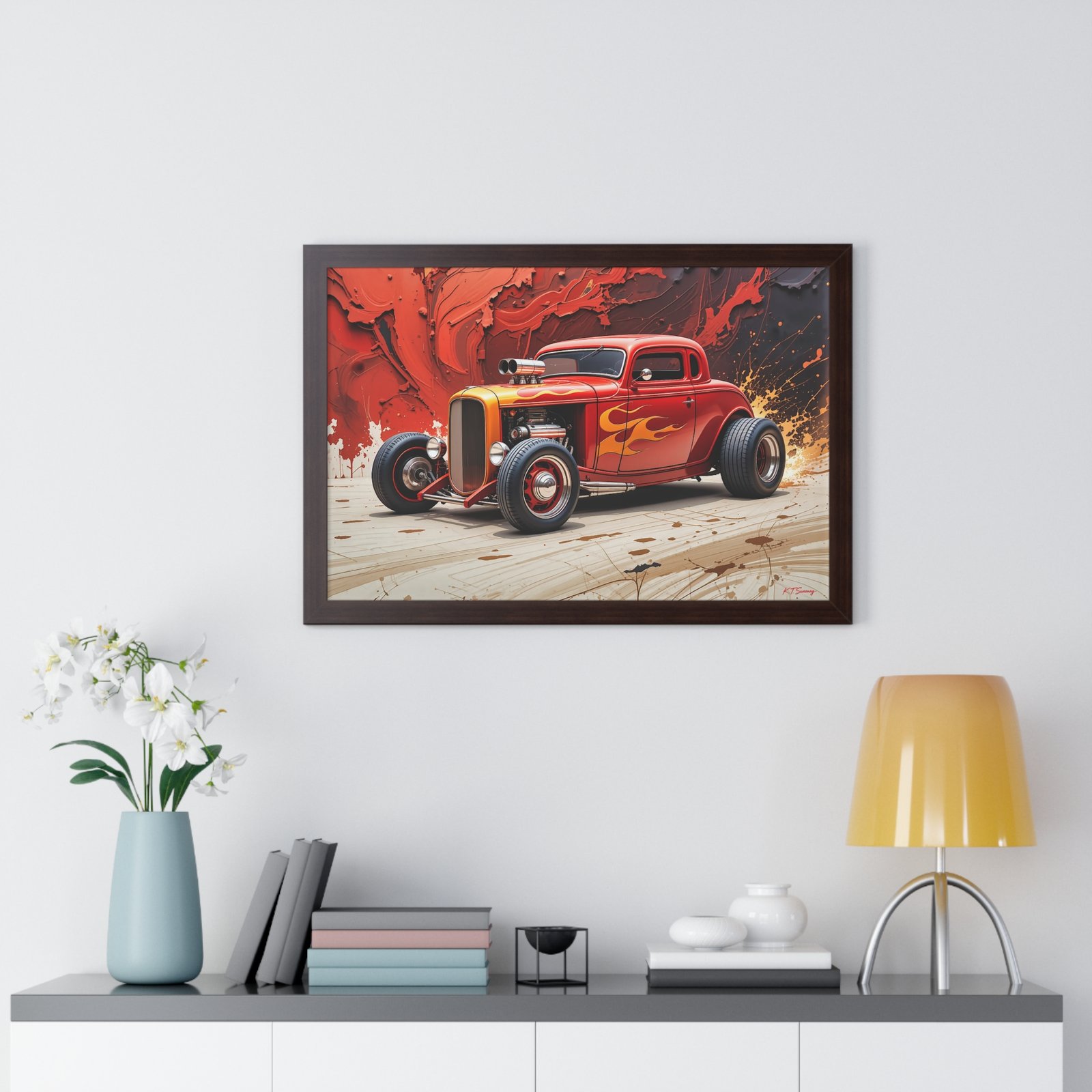Limited Collector’s Edition 1932 Deuce Coupe Hot Rod in Red with Yellow Flames Wall Art Framed Print | Classic Hot Rod Artwork - Image 17