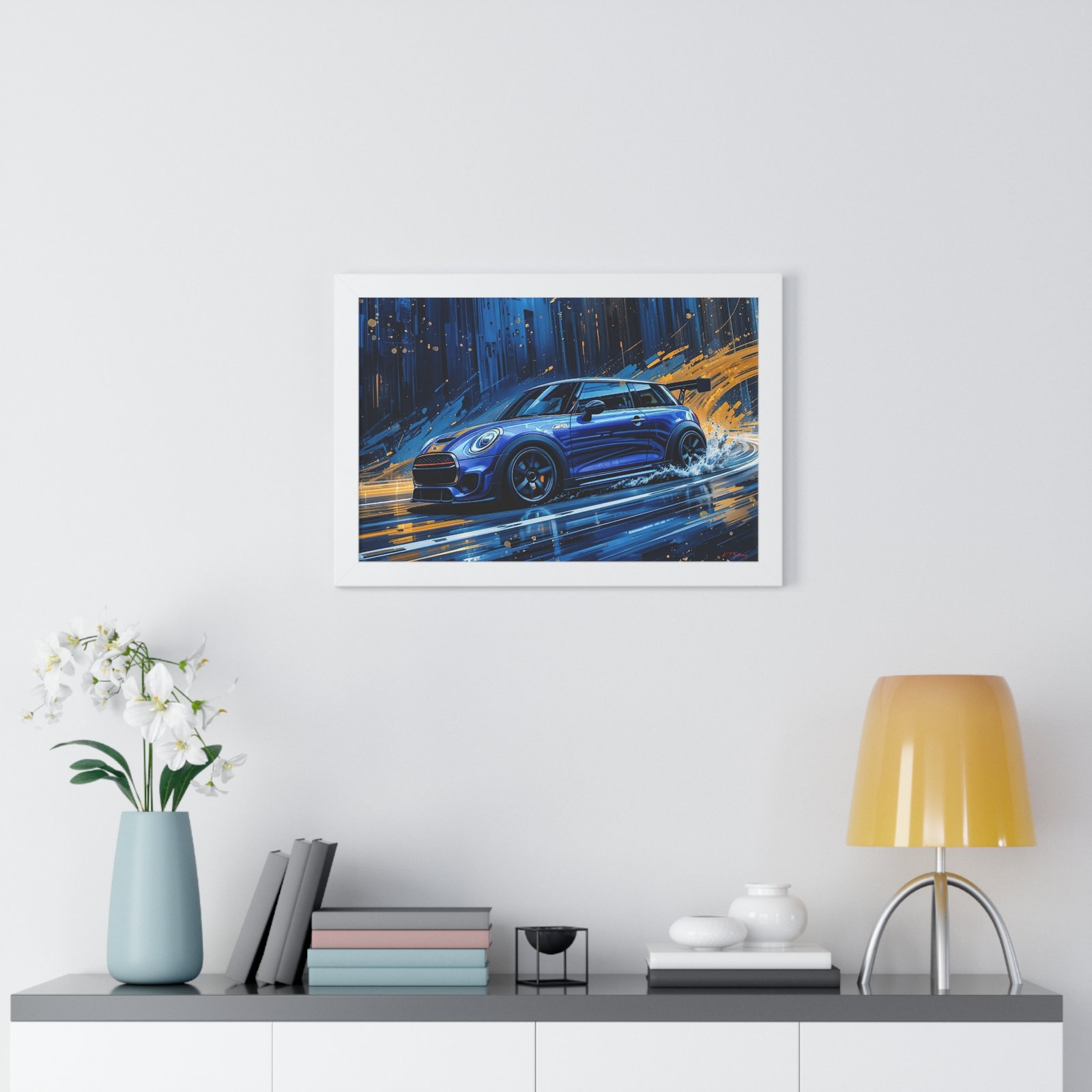 Blue Mini Cooper S Wall Art Framed Print with Dynamic Dramatic Background | Studio Edition Collector’s Artwork - Image 23