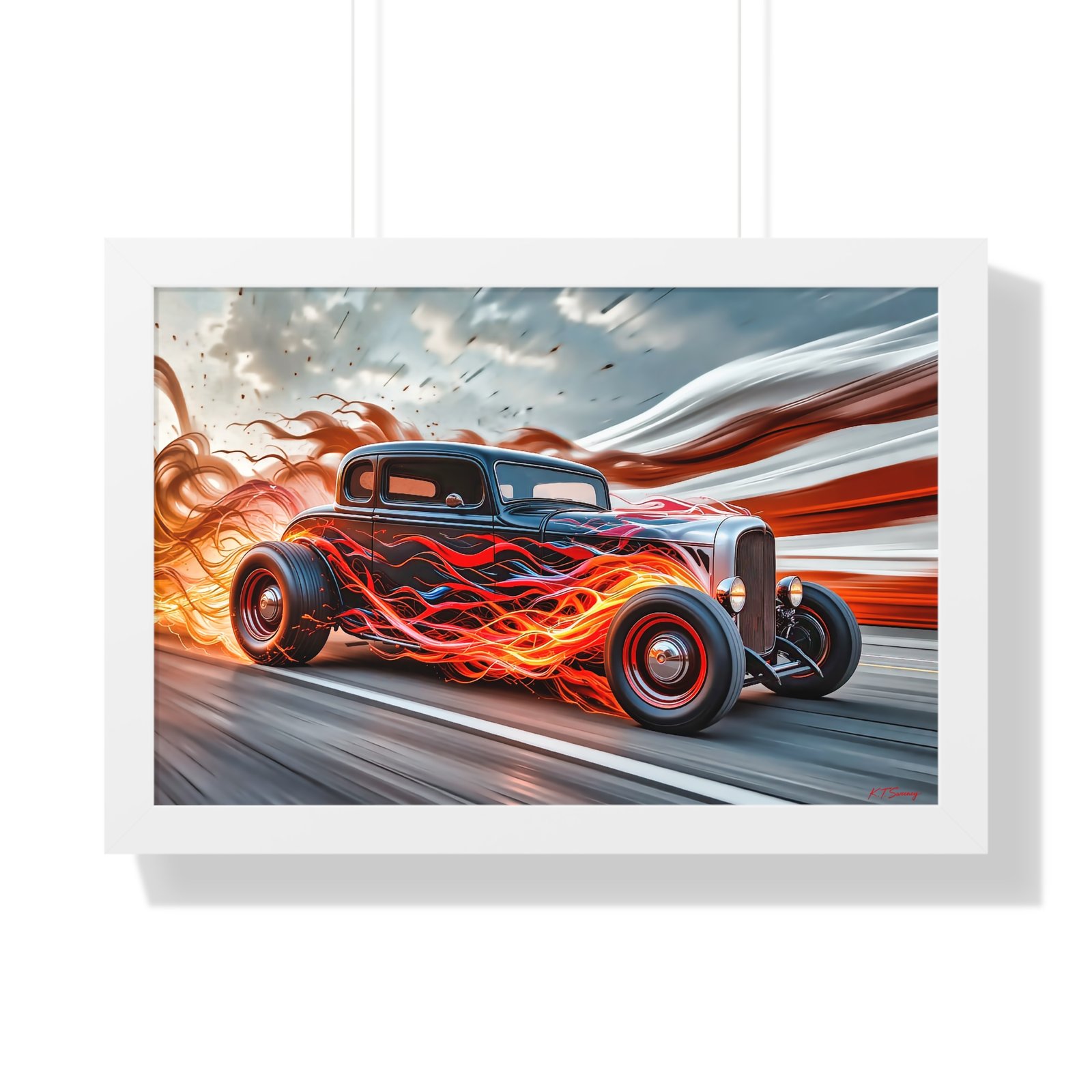 Limited Edition Hot Rod Wall Art Framed Print with Flames with American Flag - Image 22