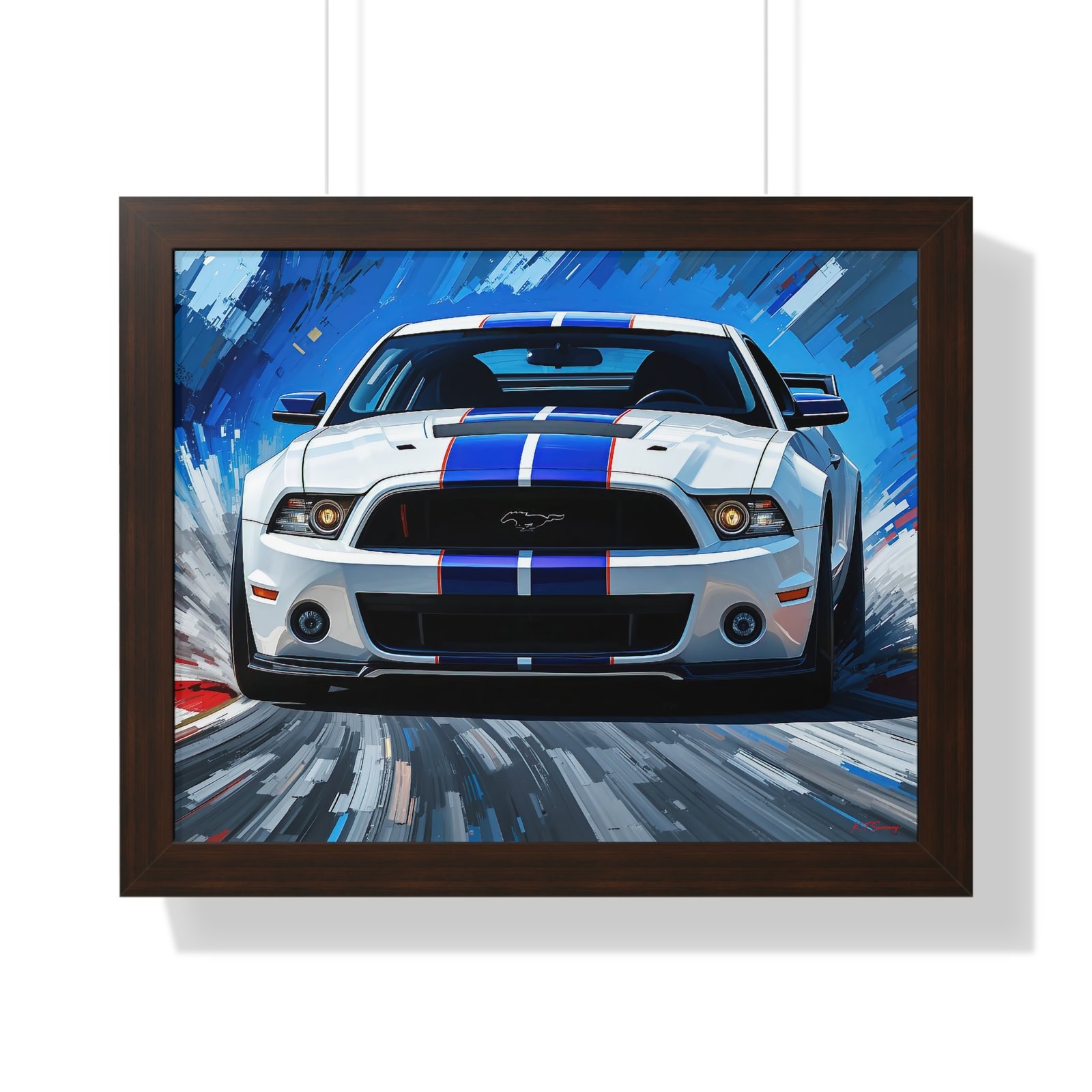 Limited Edition Mustang GT Classic Wall Art Framed Print in White with Blue Stripes Watercolor Background | Collector’s Muscle Car Artwork - Image 10