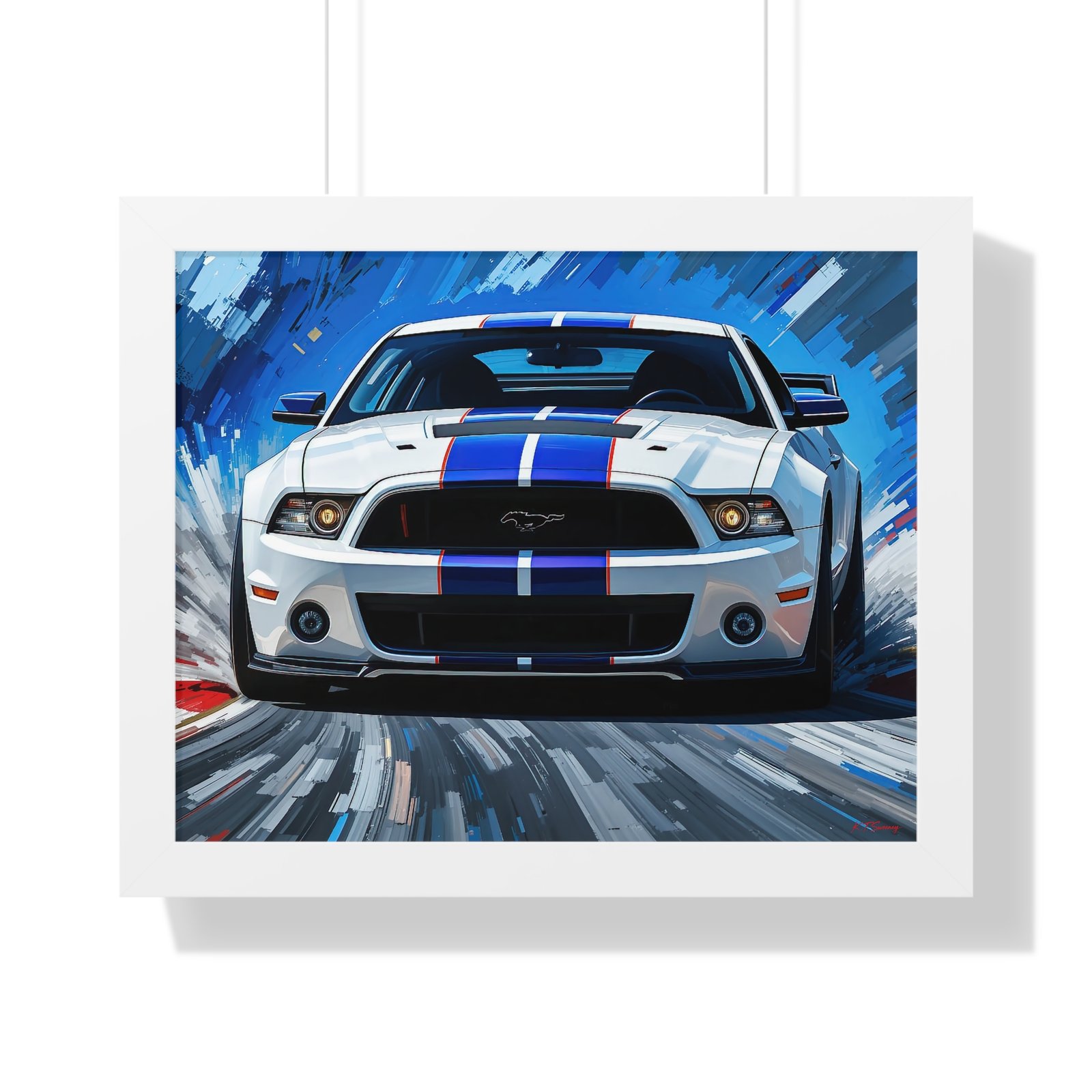 Limited Edition Mustang GT Classic Wall Art Framed Print in White with Blue Stripes Watercolor Background | Collector’s Muscle Car Artwork - Image 19