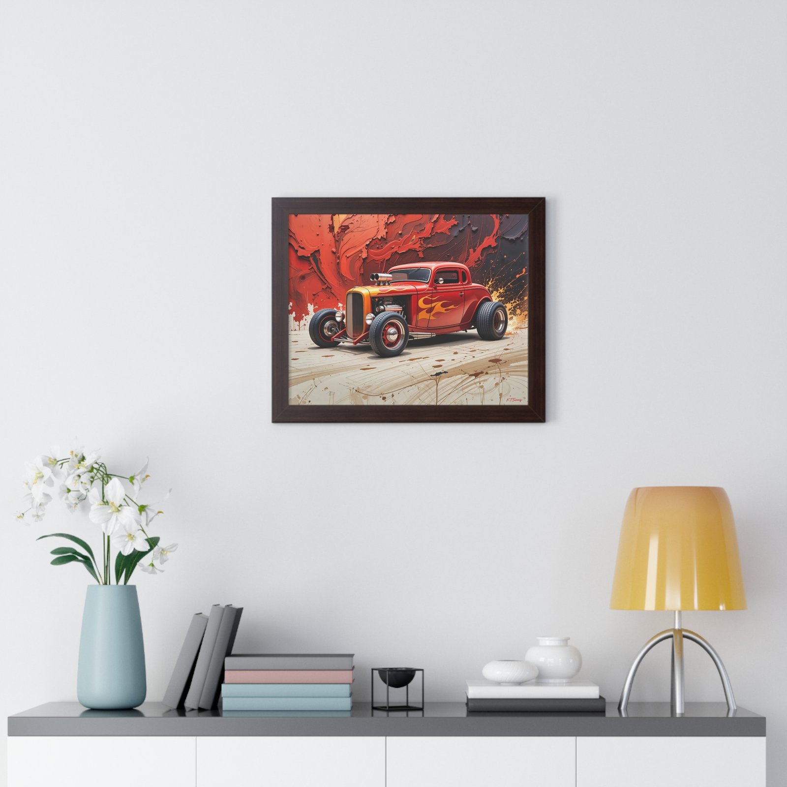 Limited Collector’s Edition 1932 Deuce Coupe Hot Rod in Red with Yellow Flames Wall Art Framed Print | Classic Hot Rod Artwork - Image 11