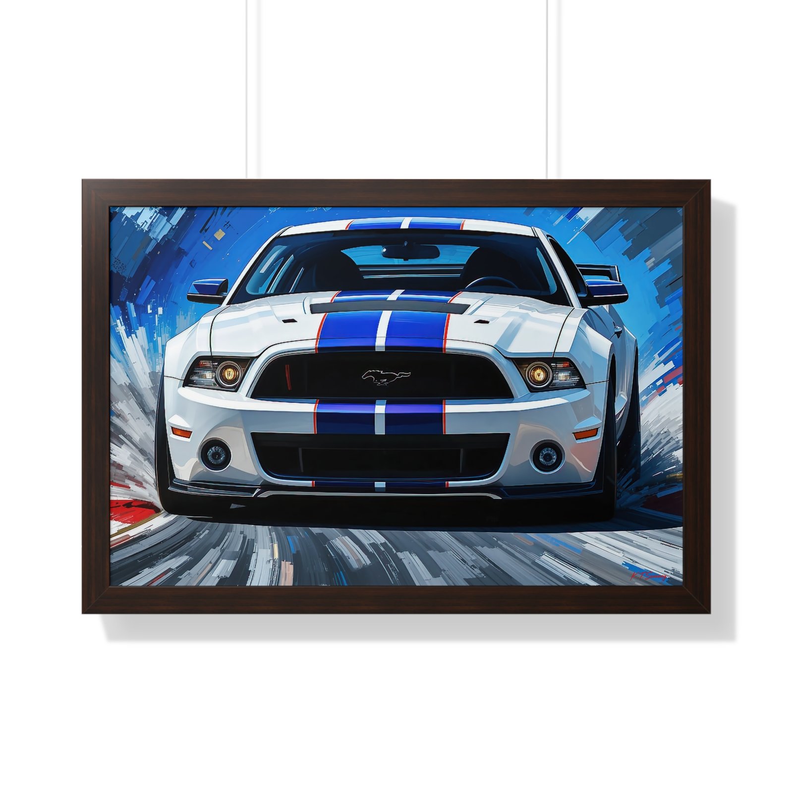 Limited Edition Mustang GT Classic Wall Art Framed Print in White with Blue Stripes Watercolor Background | Collector’s Muscle Car Artwork - Image 16