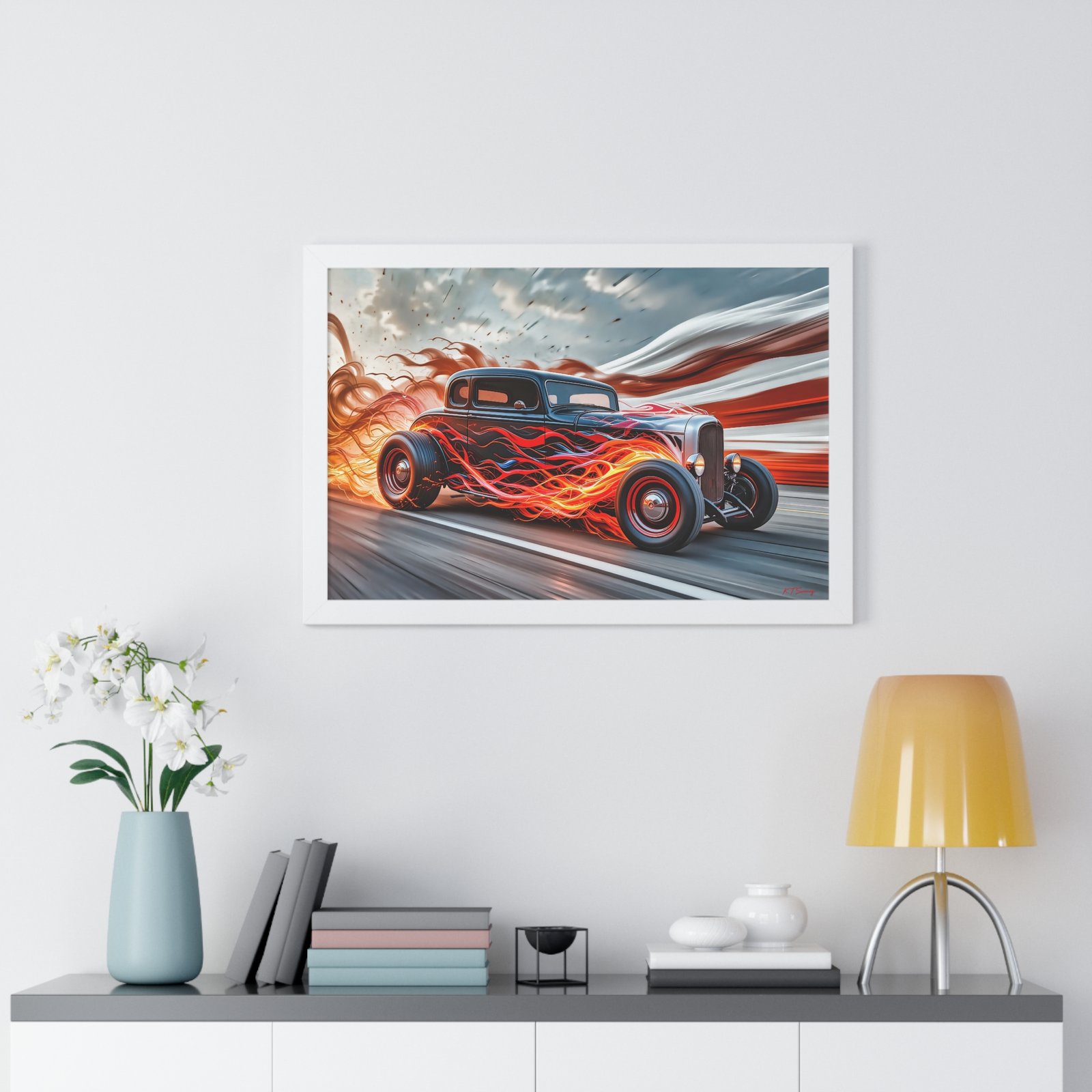Limited Edition Hot Rod Wall Art Framed Print with Flames with American Flag - Image 26