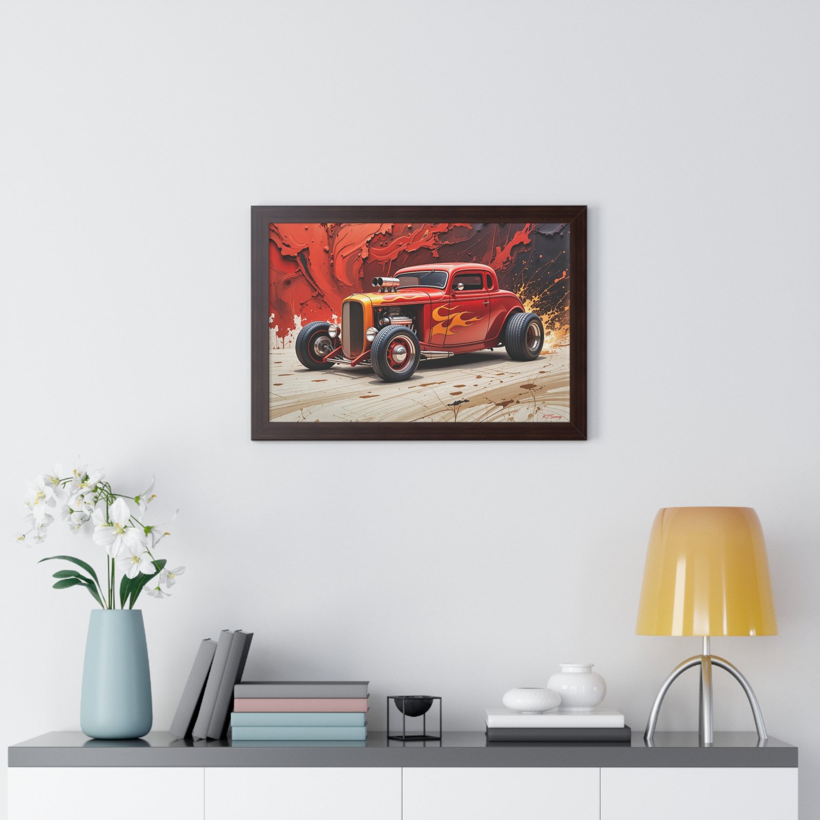 Limited Collector’s Edition 1932 Deuce Coupe Hot Rod in Red with Yellow Flames Wall Art Framed Print | Classic Hot Rod Artwork - Image 14