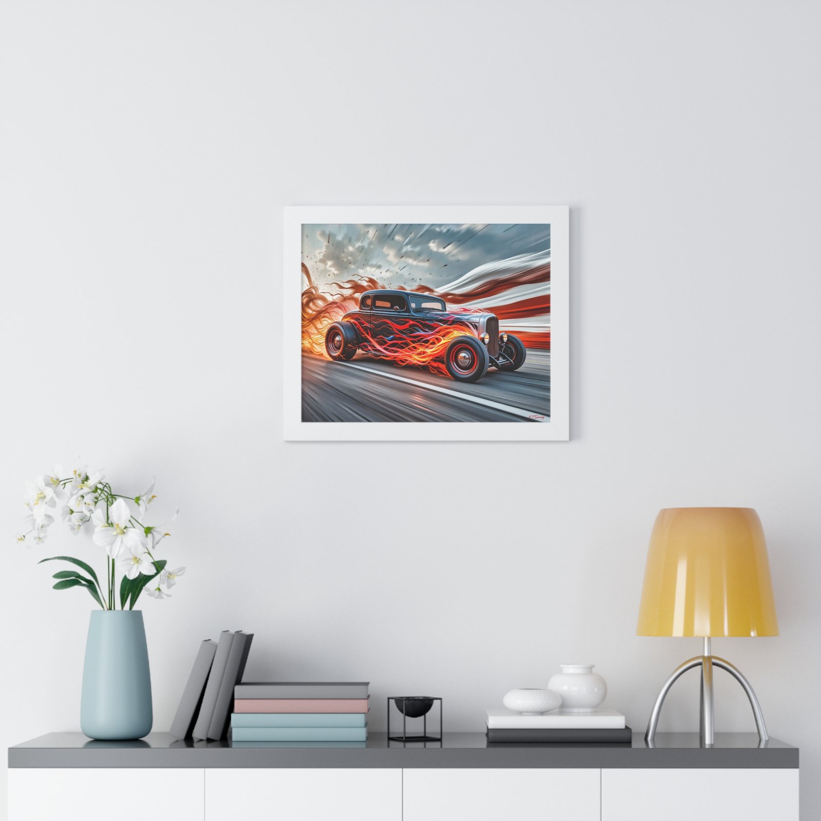 Limited Edition Hot Rod Wall Art Framed Print with Flames with American Flag - Image 20