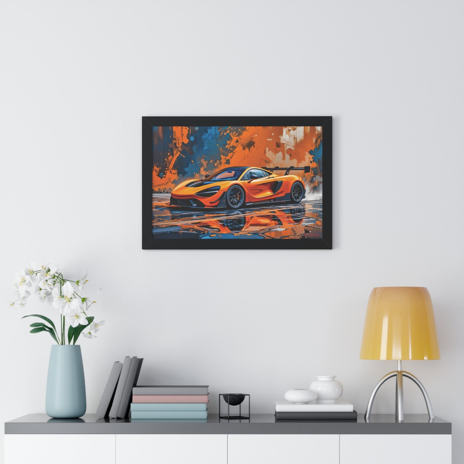 Limited Edition McLaren Supercar Wall Art Framed Print in Papaya Orange and Black Livery with Watercolor Style Textured Design | Collector’s Motorsport Artwork - Image 5