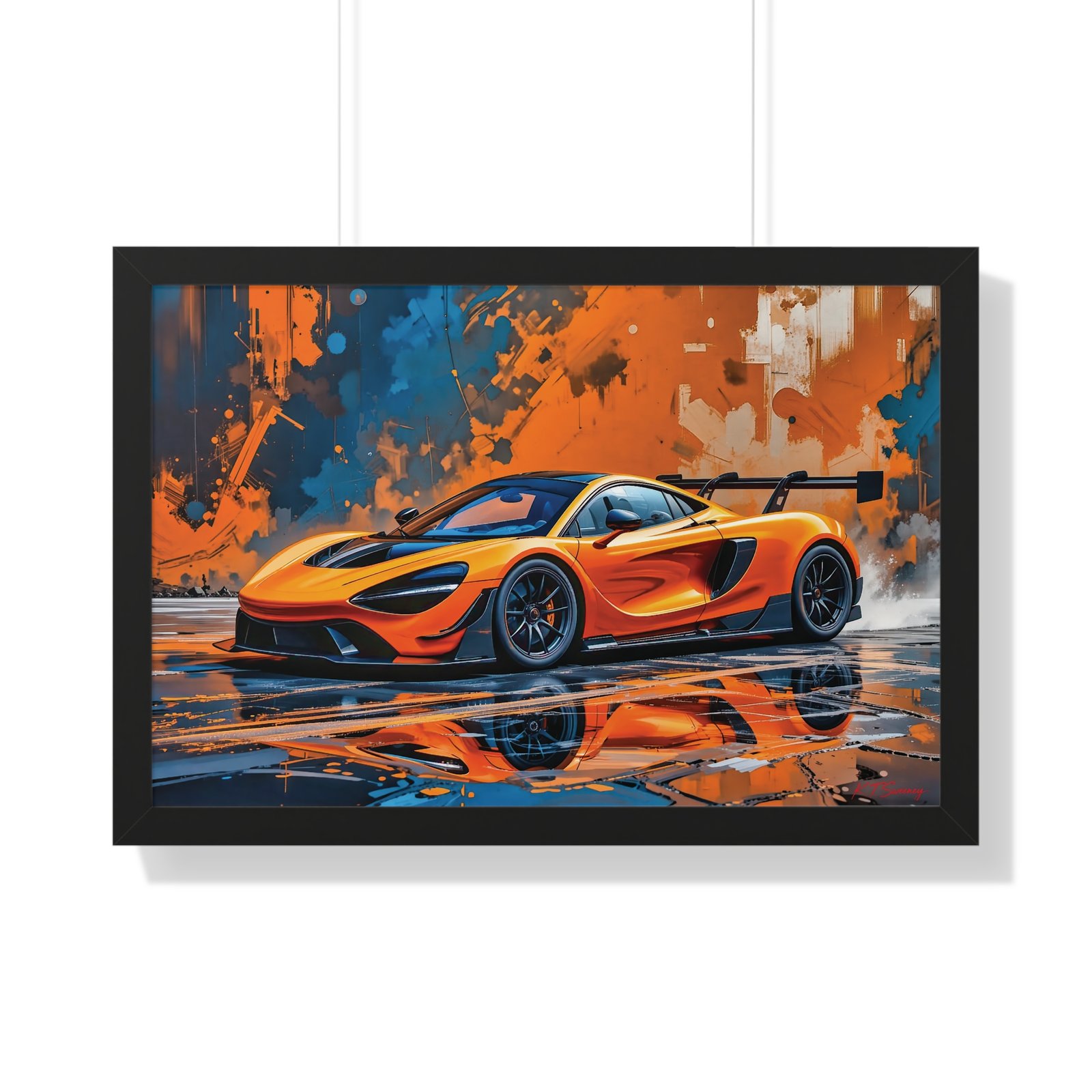 Limited Edition McLaren Supercar Wall Art Framed Print in Papaya Orange and Black Livery with Watercolor Style Textured Design | Collector’s Motorsport Artwork - Image 7
