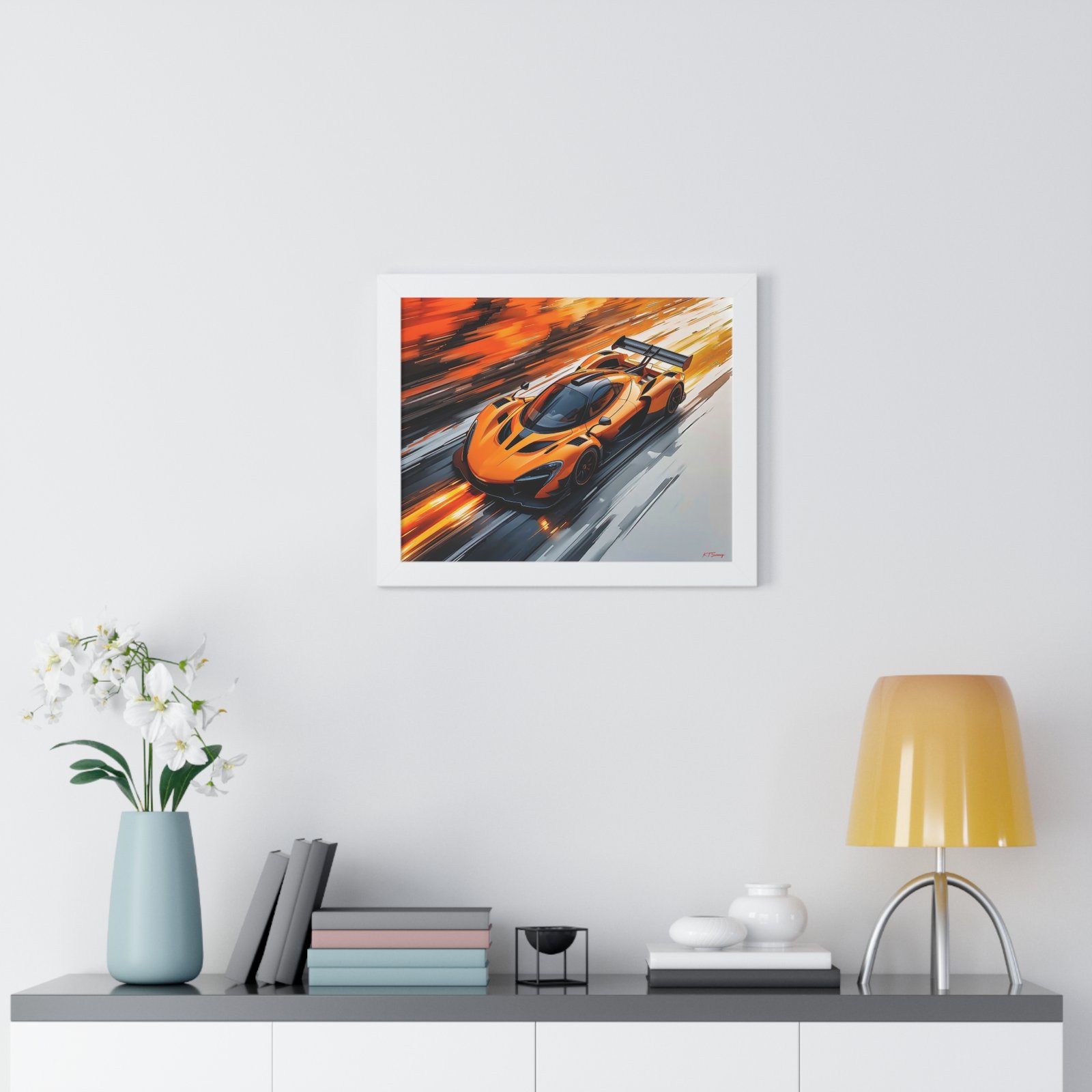 Limited Edition McLaren Inspired Supercar Wall Art Framed Print in Papaya Orange and Black Livery with Watercolor Style Textured Design | Collector’s Motorsport Artwork - Image 20